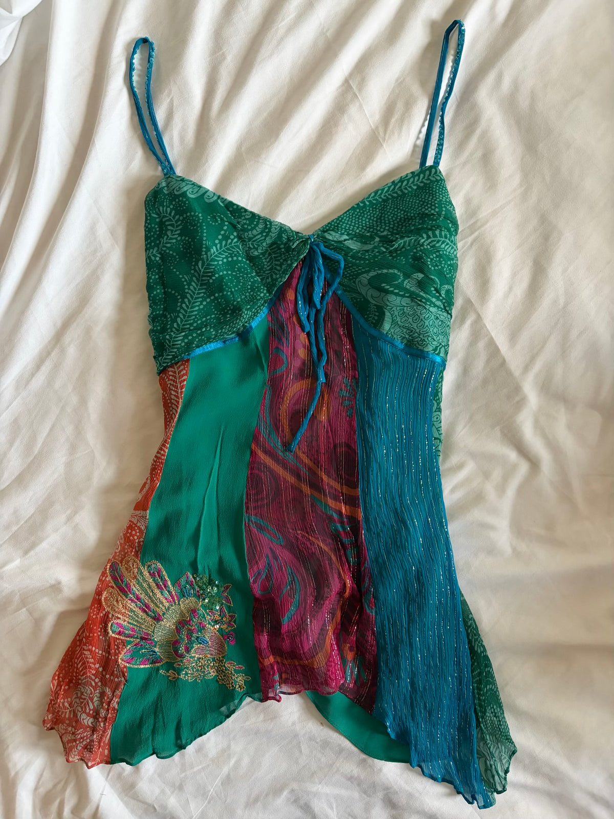 Vintage 2000s Silk Patchwork Handkerchief Hem Cami with Sequins and Beaded Straps