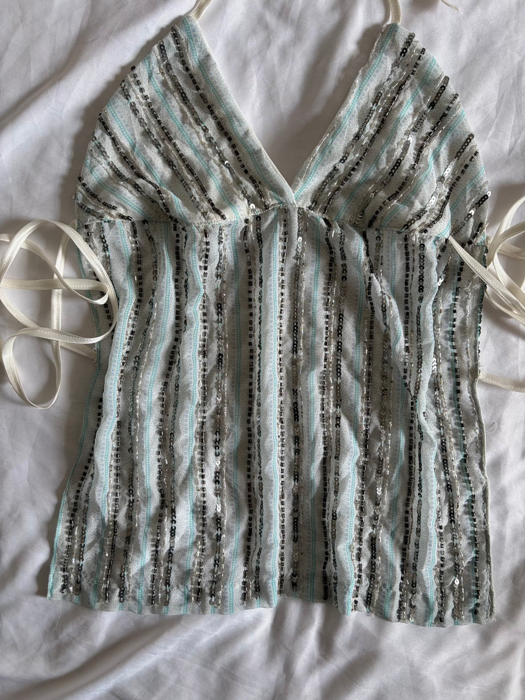 Handmade Backless Blue Cami with Gun Metal Grey and Iridescent Beads and Sequins