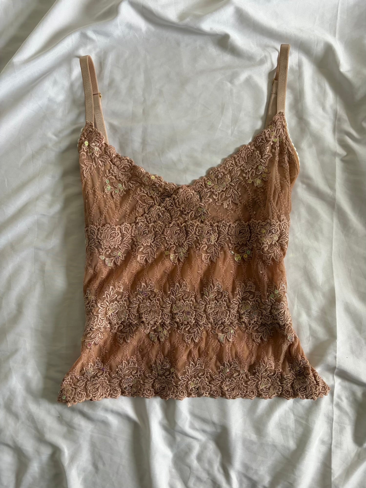 Vintage Y2K Dusty Rose Lace Cami with Iridescent Sequins