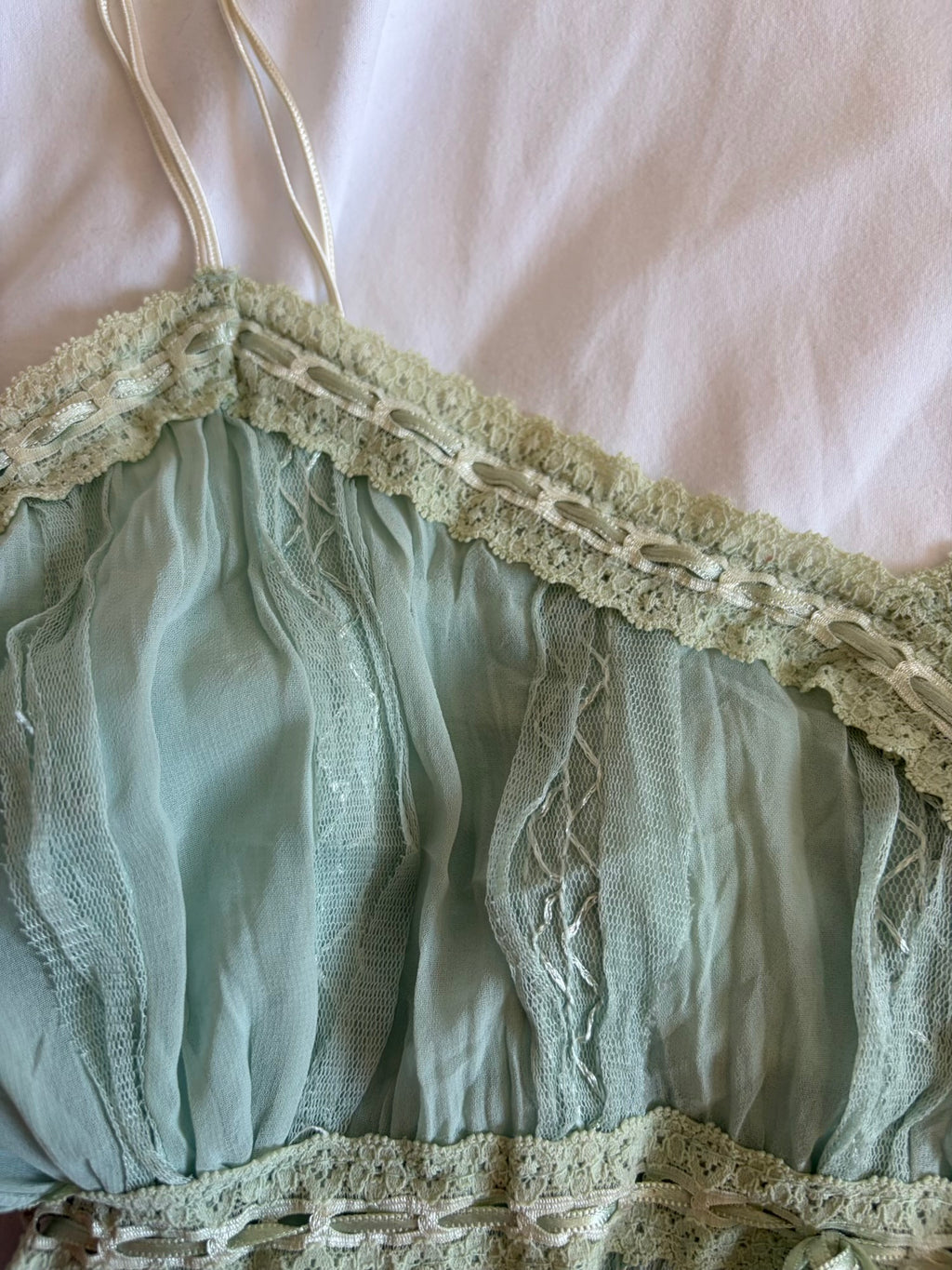 Vintage Y2K mint Japanese cami with lace, ribbon and sequins