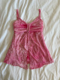 Vintage pink knot bust cami with floral print and sparkly detail and lettuce hem