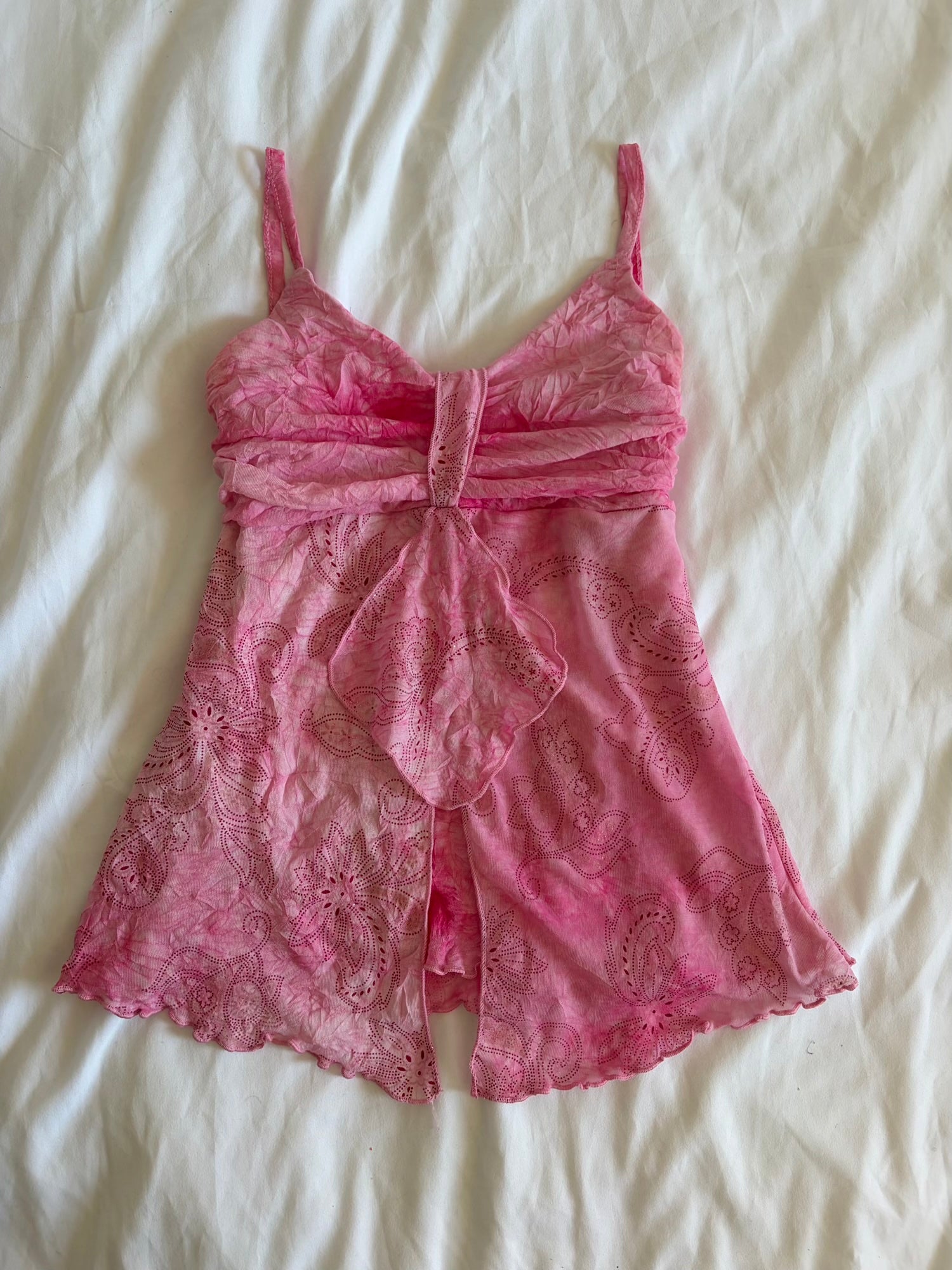 Vintage pink knot bust cami with floral print and sparkly detail and lettuce hem