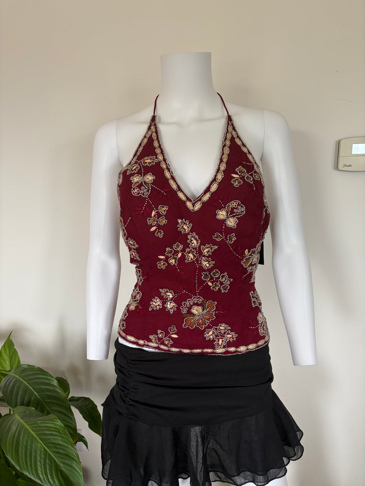 Vintage 2000s Banke B Silk Burgundy Gold Sequin and Beaded Corset Halter, UK 6–8
