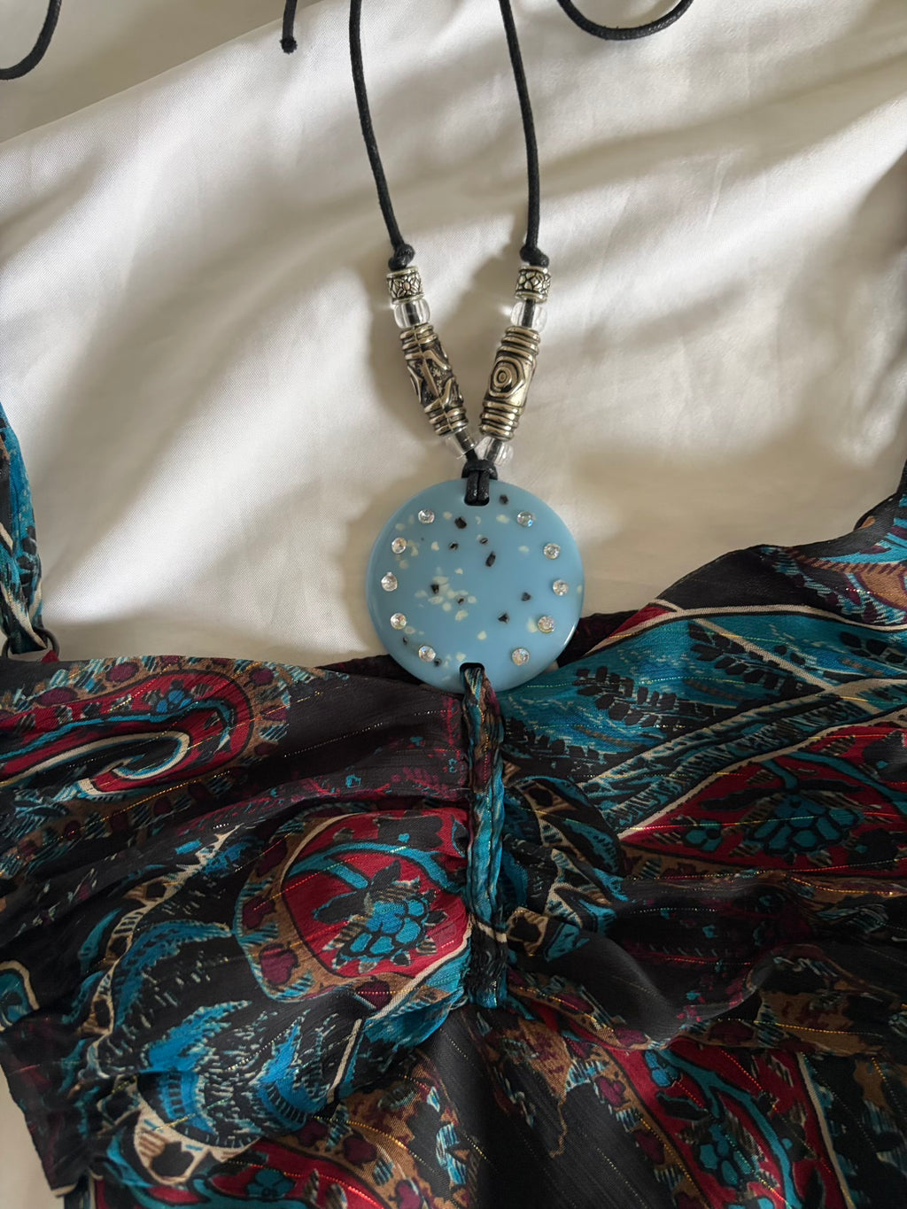 Vintage 1990s Handkerchief Hem Paisley Whimsy Dress with Blue Pendant
