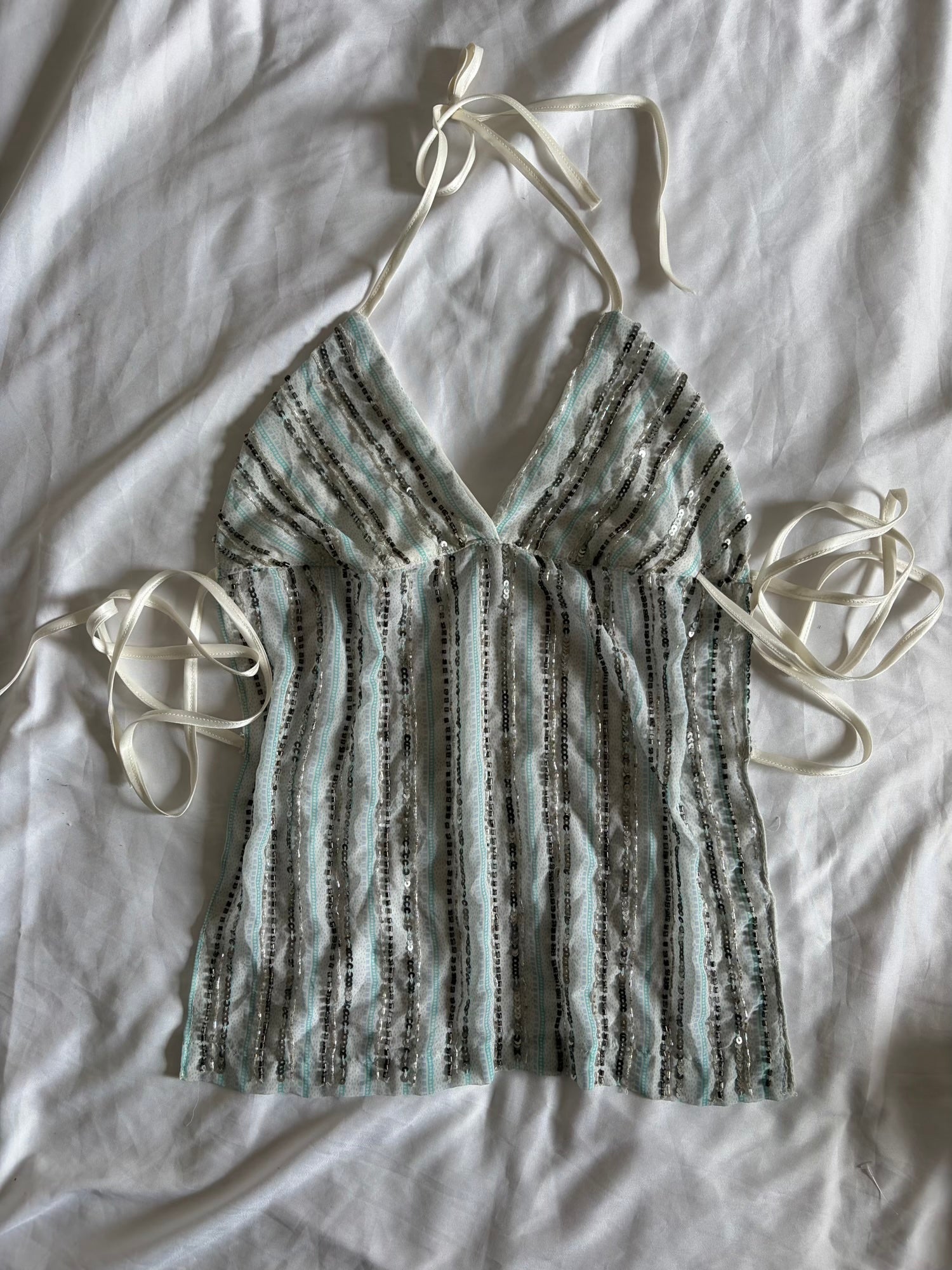 Handmade Backless Blue Cami with Gun Metal Grey and Iridescent Beads and Sequins