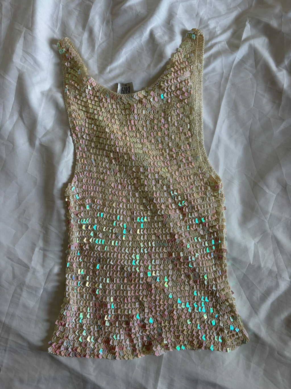 Vintage Y2K Bay Cream Scoop Neck Crochet Iridescent Sequin Cami