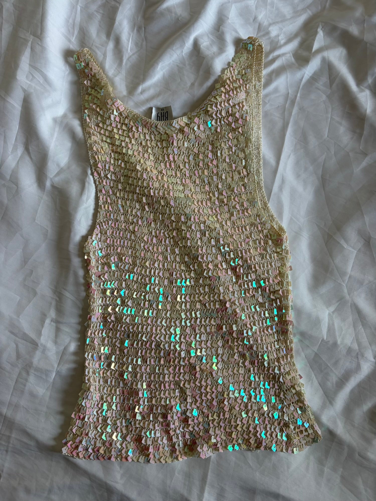Vintage Y2K Bay Cream Scoop Neck Crochet Iridescent Sequin Cami
