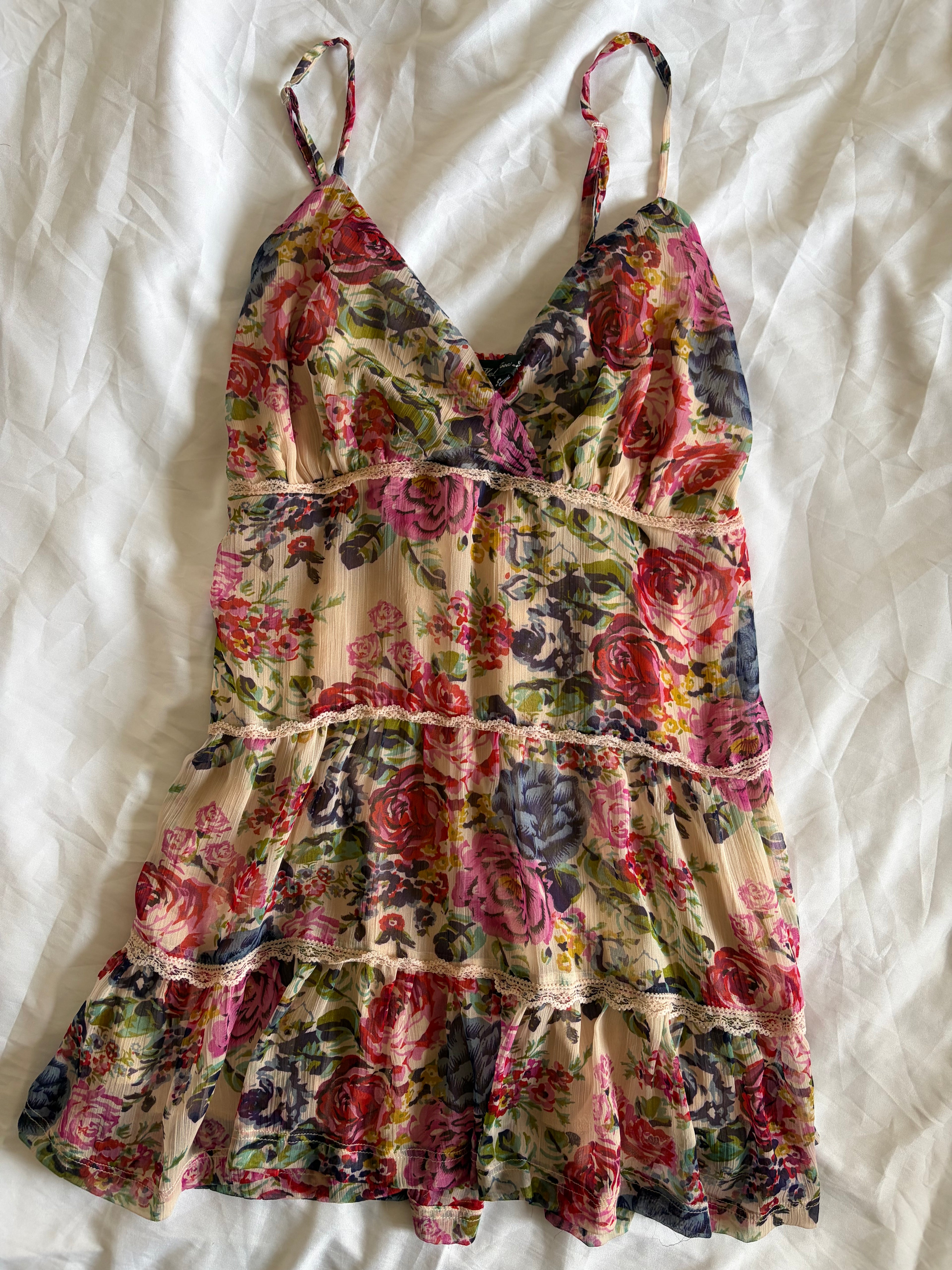 Vintage Y2K Floral Coquette Long Ruffle Cami with Lace