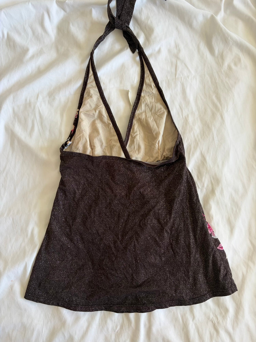 Vintage Y2K Japanese brown sparkly halterneck cami with floral graphic