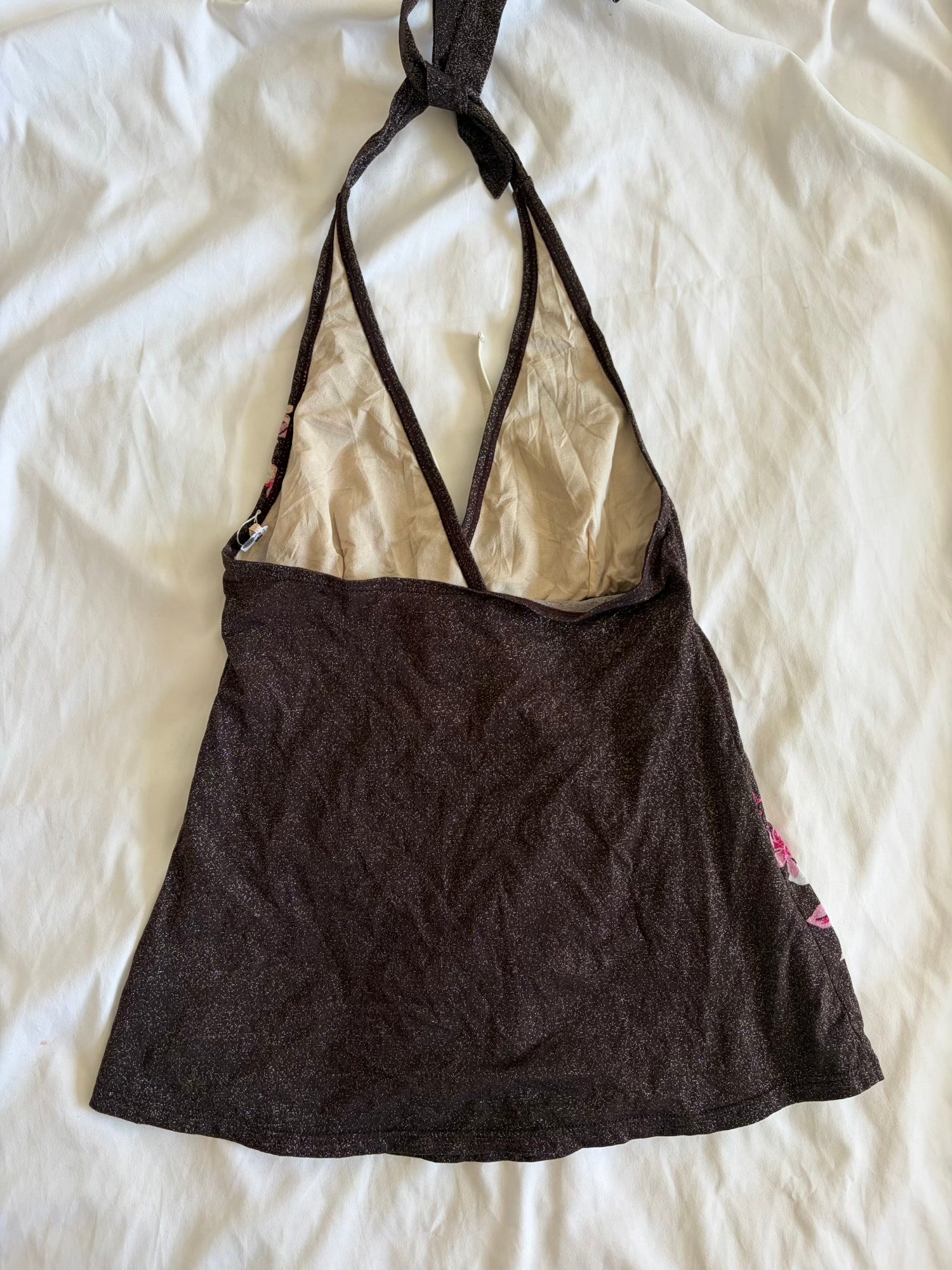 Vintage Y2K Japanese brown sparkly halterneck cami with floral graphic
