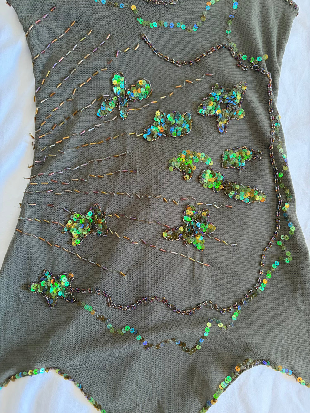 Vintage Y2K dark forest green sequin and beaded handkerchief hem cami