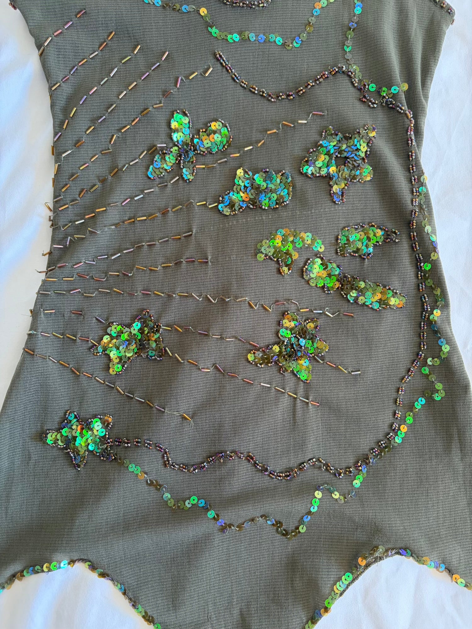 Vintage Y2K dark forest green sequin and beaded handkerchief hem cami