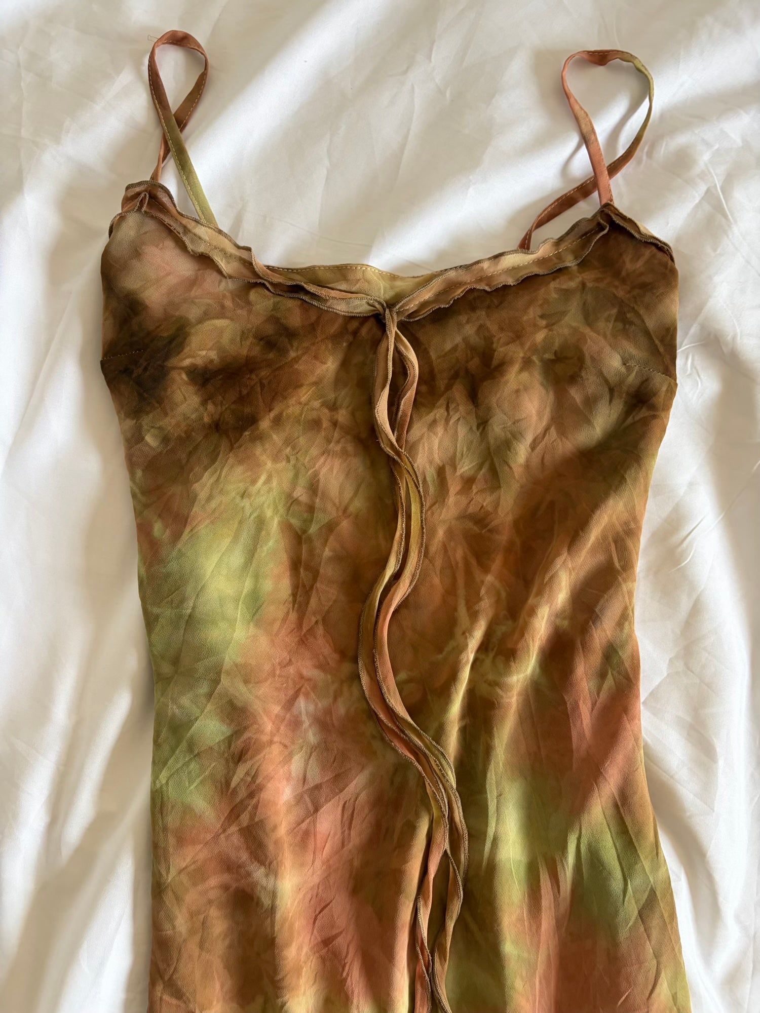 Vintage 1990s Tie Dye Asymmetrical Ruffle Hem Forest Fairy Maxi Dress