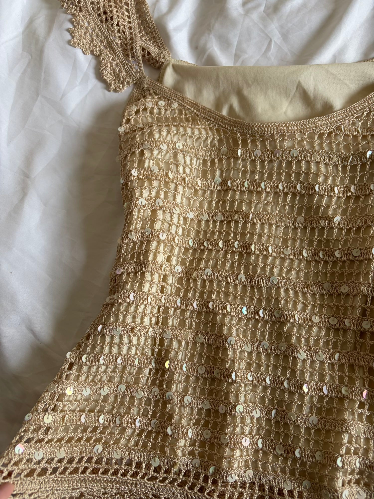 Vintage Y2K Champagne Crochet Top with Sequins and Romantic Sleeves