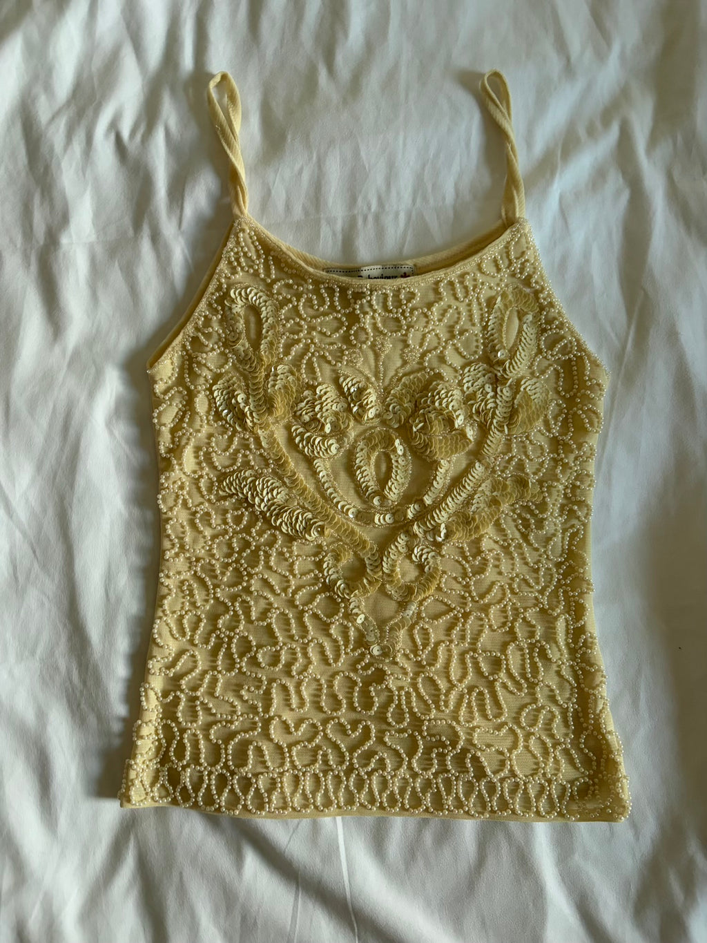 Vintage Y2K cream micromesh cami heavily beaded and sequin
