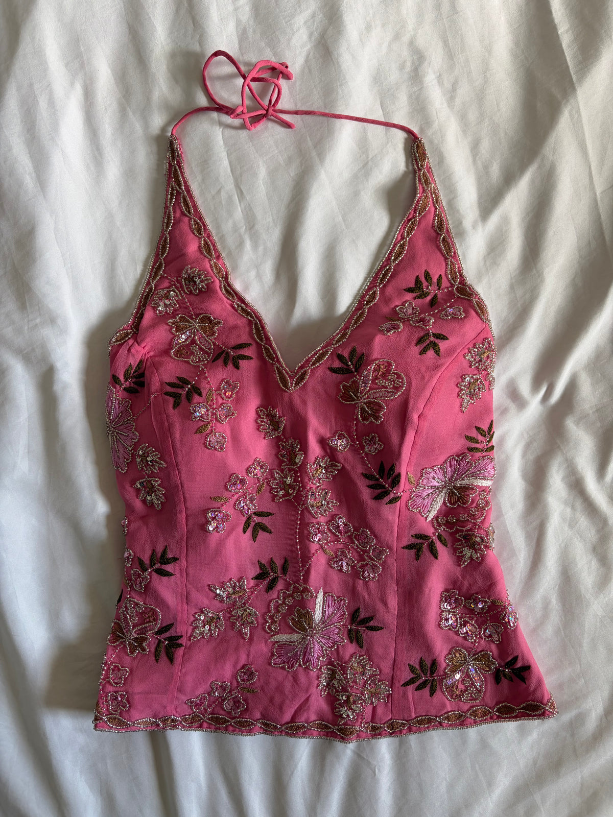 Vintage 2000s Banke B Silk Pink Sequin and Beaded Corset Halter, UK 10–12