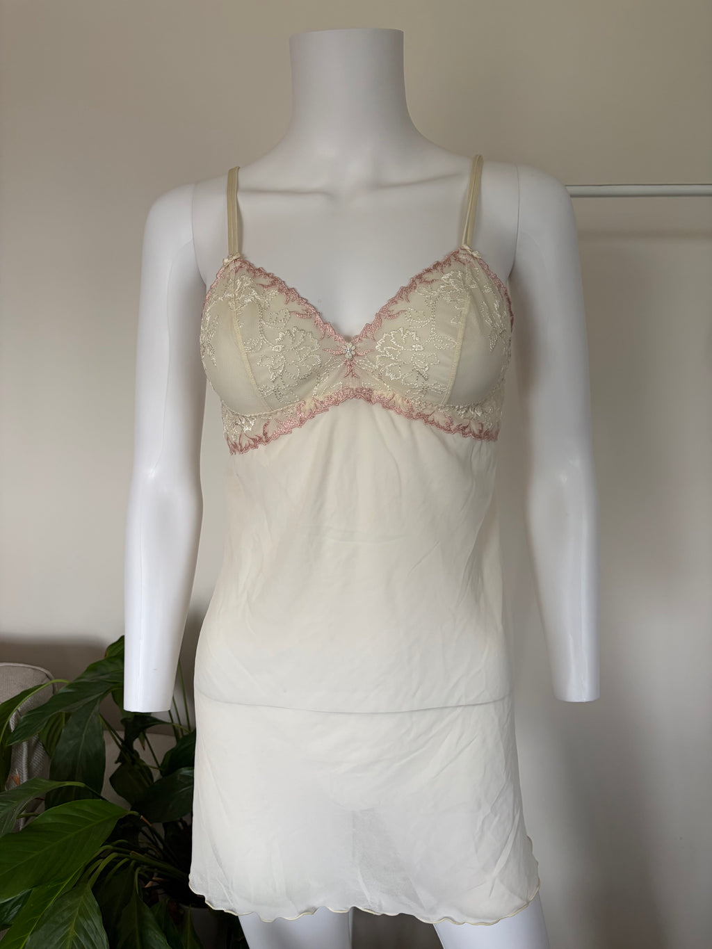 Vintage 1990s Beige Slip with Rose Pink Embroidery