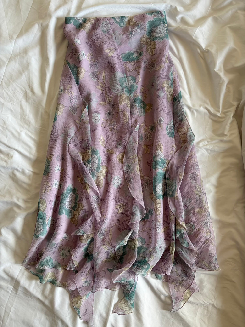 Vintage Y2K Pastel Lilac Floral Maxi Skirt with Fairy Hem