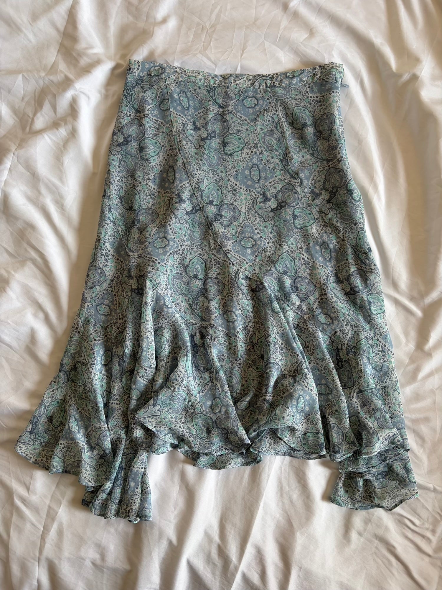 Vintage 1990s Italian Blue Paisley Asymmetrical Hem Midi Skirt