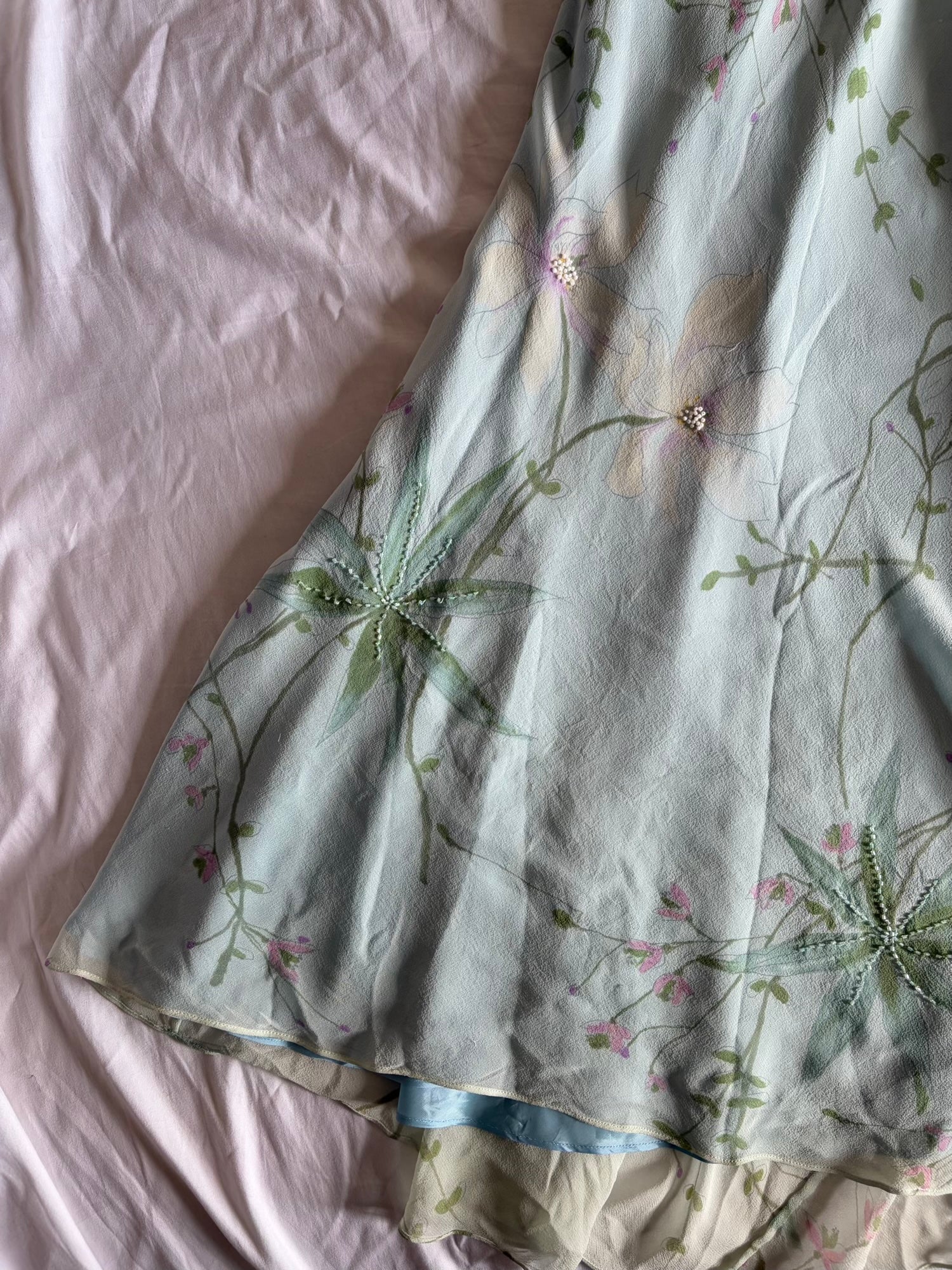 Vintage 1990s Silk Pastel Midi Dress with Florals and Beading