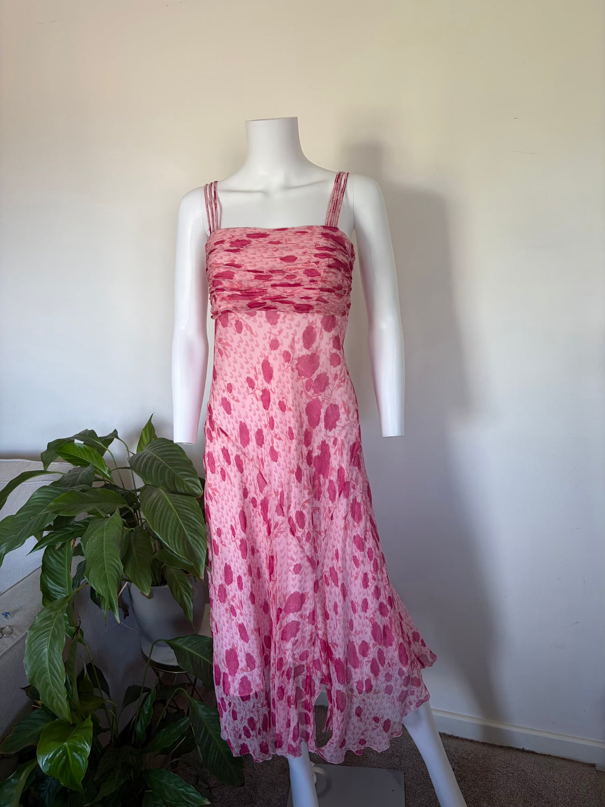 Vintage 2000s Silk Pink Floral Beaded Fairy Dress, Size 8-10