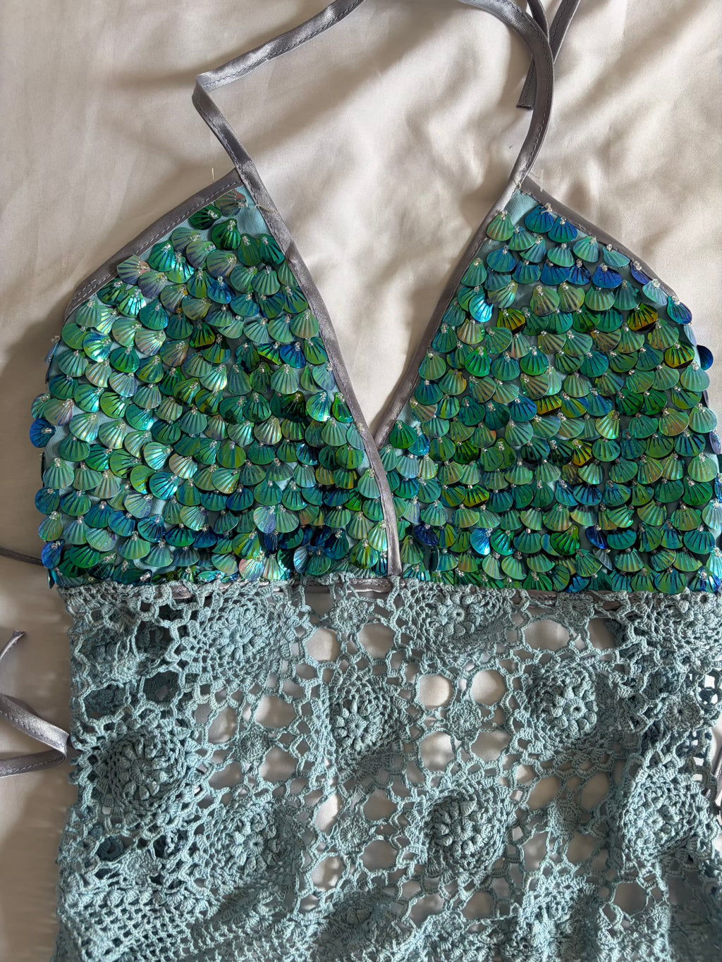 Handmade Turquoise Crochet Backless Halter and Mini Skirt Set