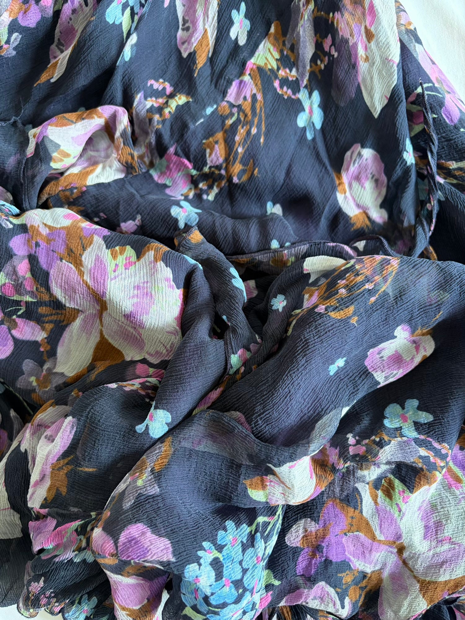Vintage 1990s Silk Black Floral Fairy Floaty Hem Maxi Skirt Bias Cut