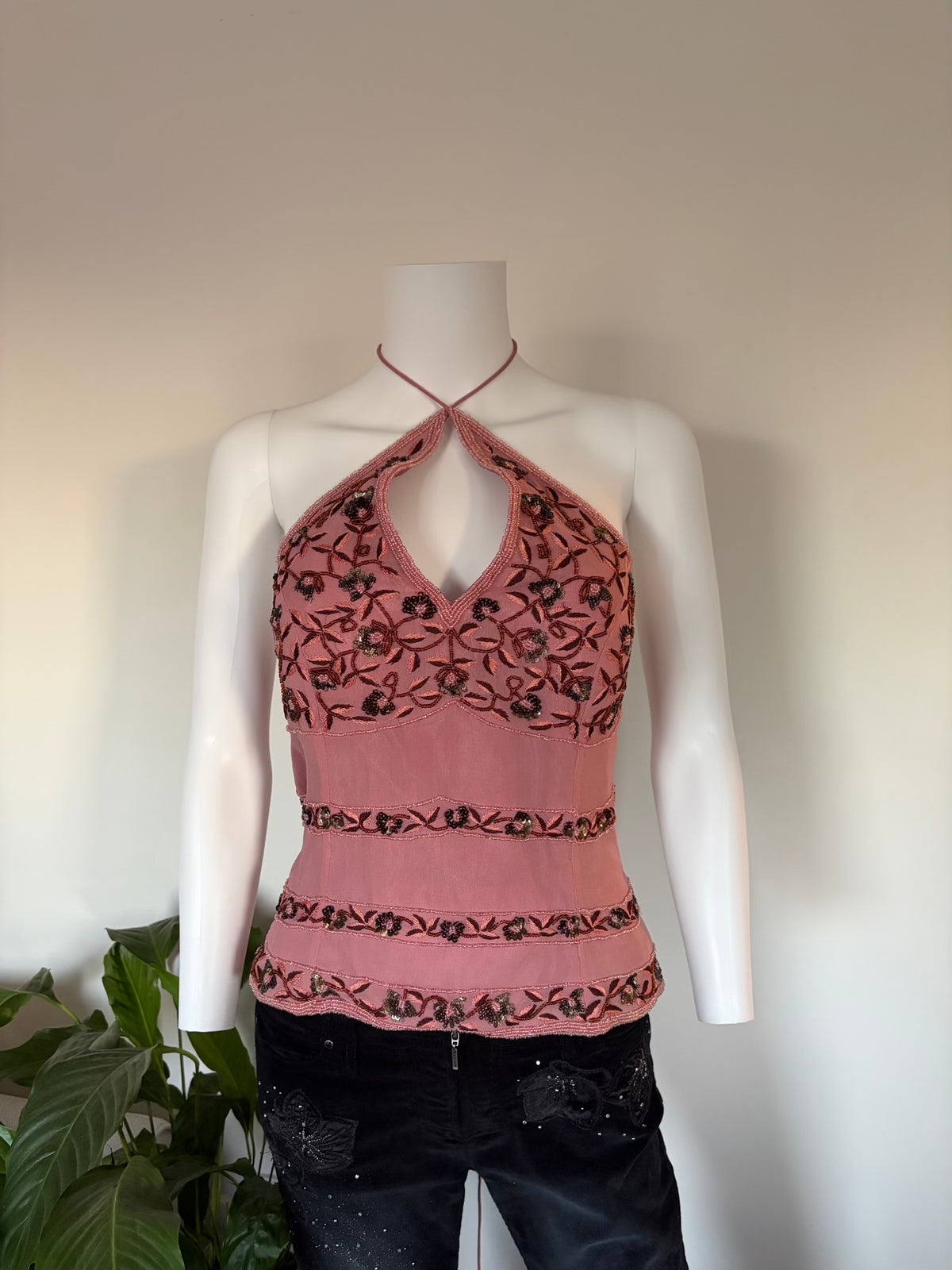 Vintage 2000s Aftershock Silk Dusty Pink Beaded Corset-Style Halter