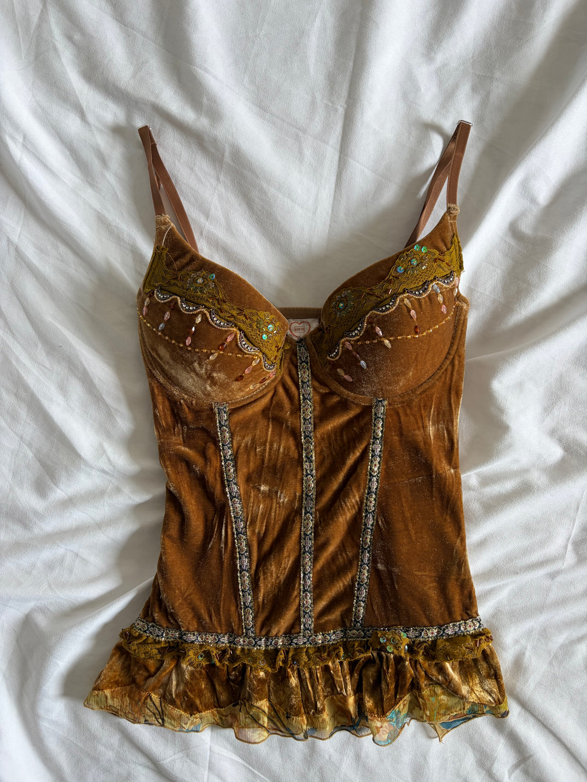 Vintage 1990s Lov3e French Champagne Whimsy Sequin Corset Top, UK 12–14