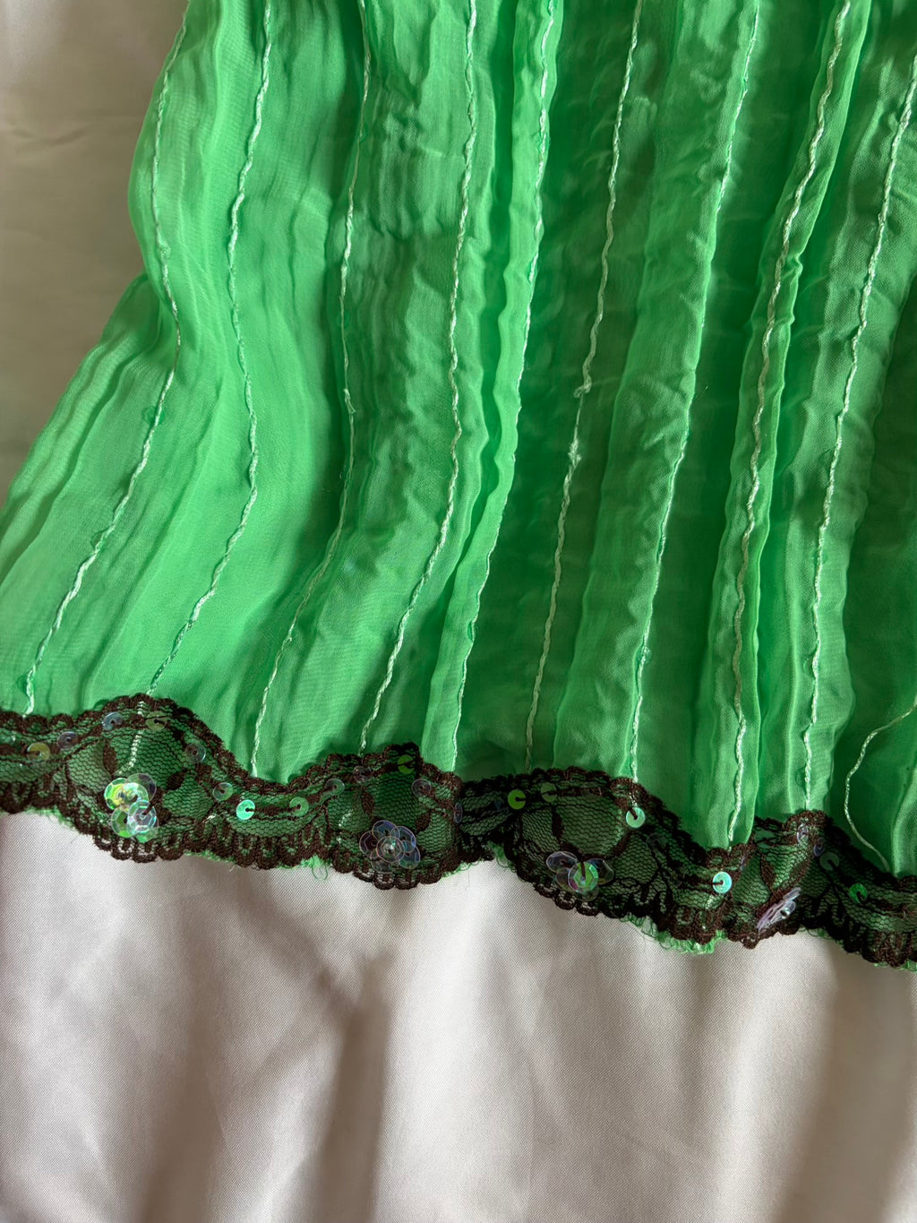 Vintage Y2K green sequin cami with brown lace detail and straps