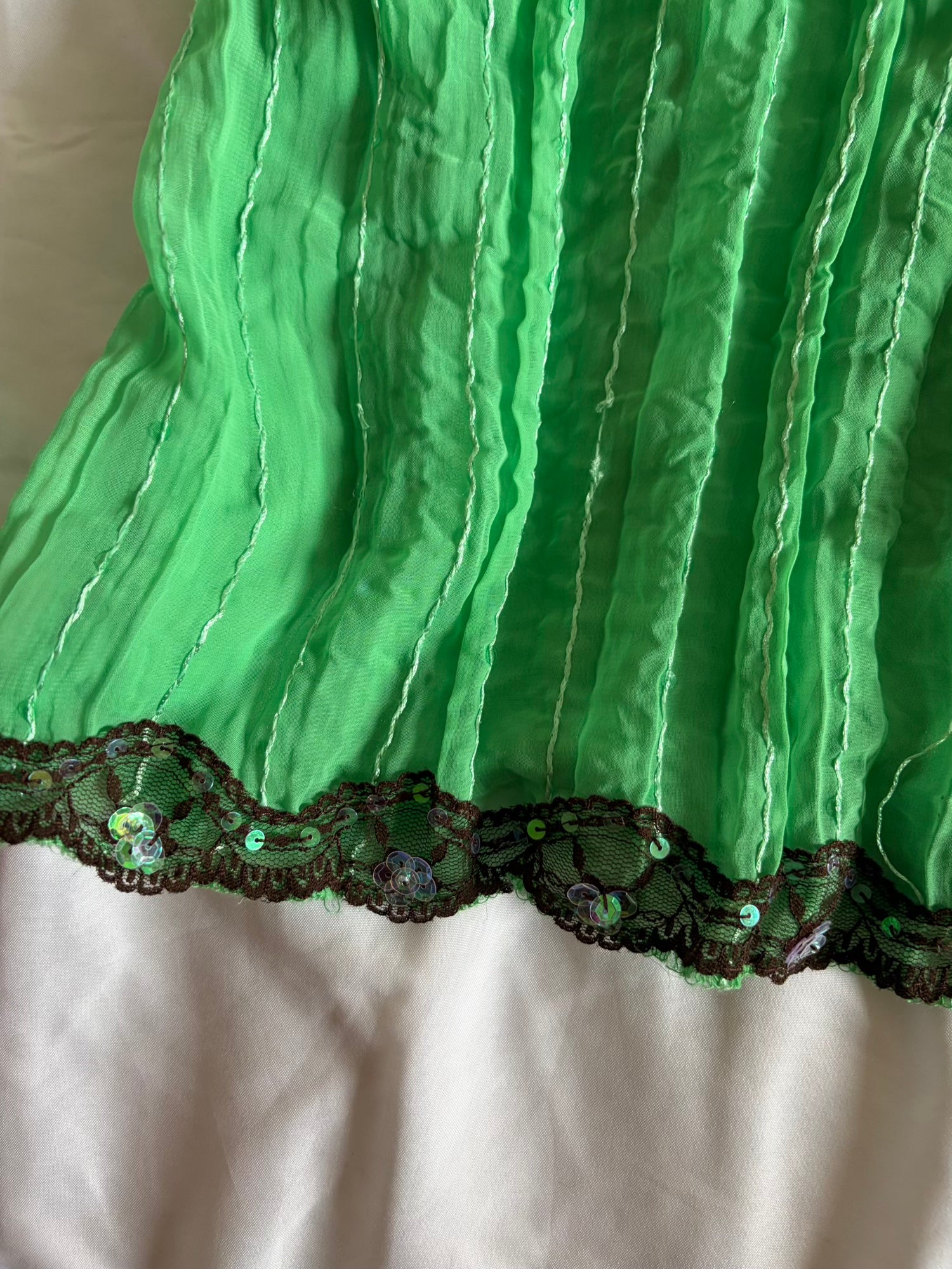 Vintage Y2K green sequin cami with brown lace detail and straps
