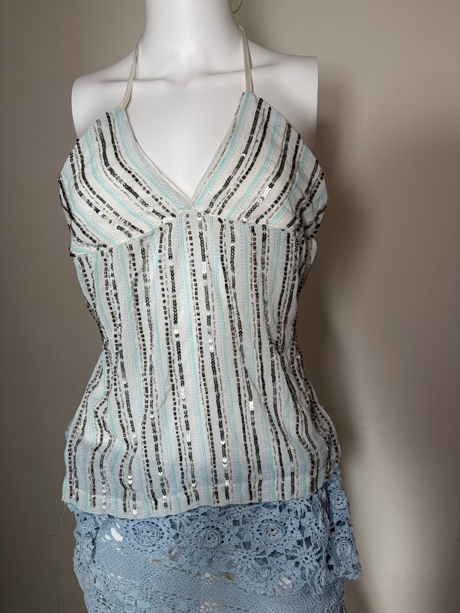 Handmade Backless Blue Cami with Gun Metal Grey and Iridescent Beads and Sequins