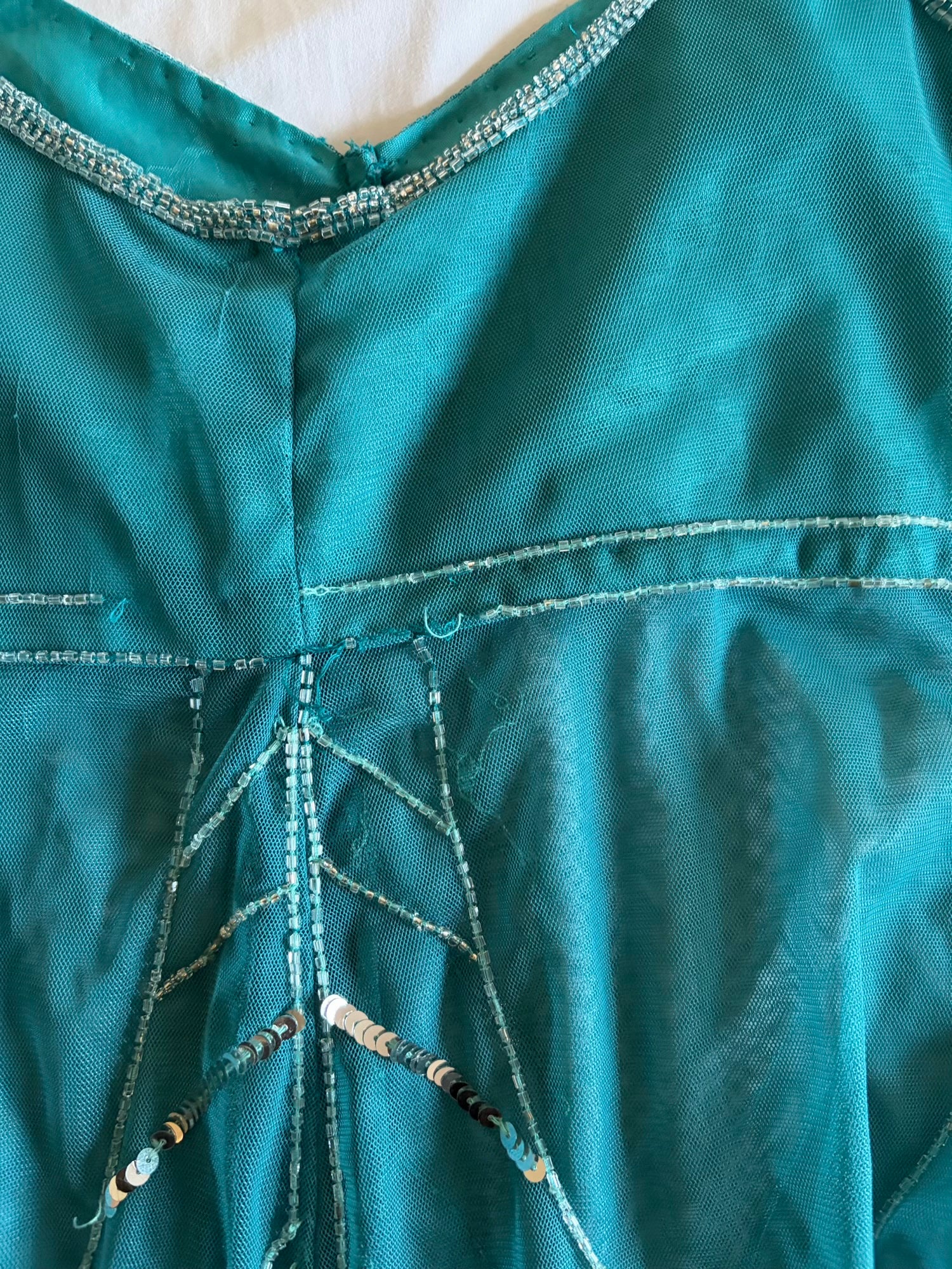 Vintage Y2K Teal Handkerchief Hem Sequin and Beaded Cami