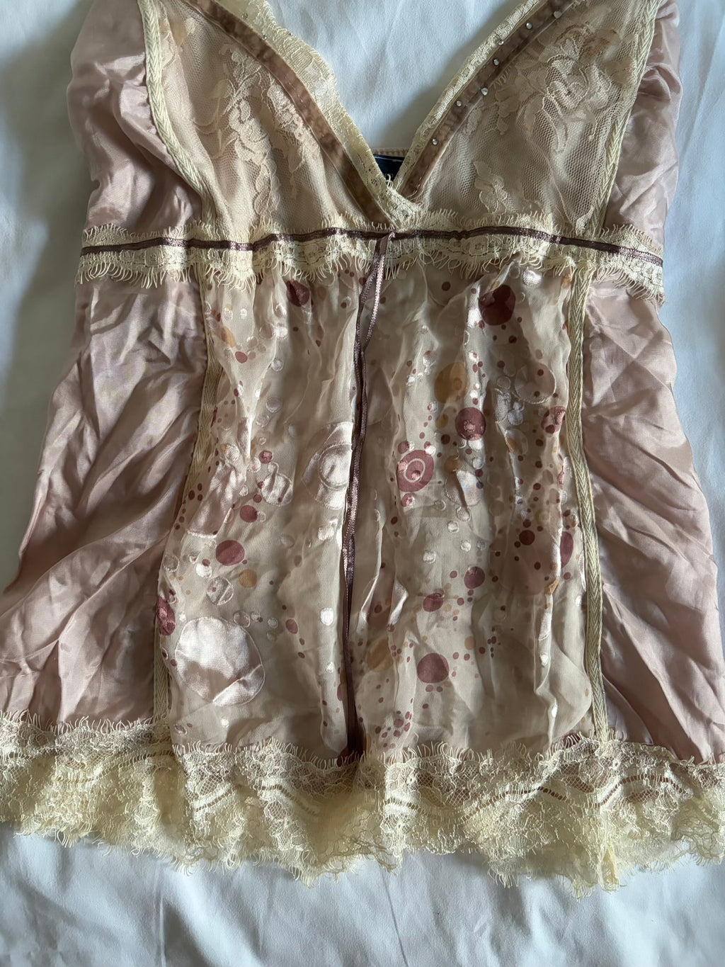 Vintage Y2K romantic fairy cami with lace, ribbon and diamontes and polka dot details