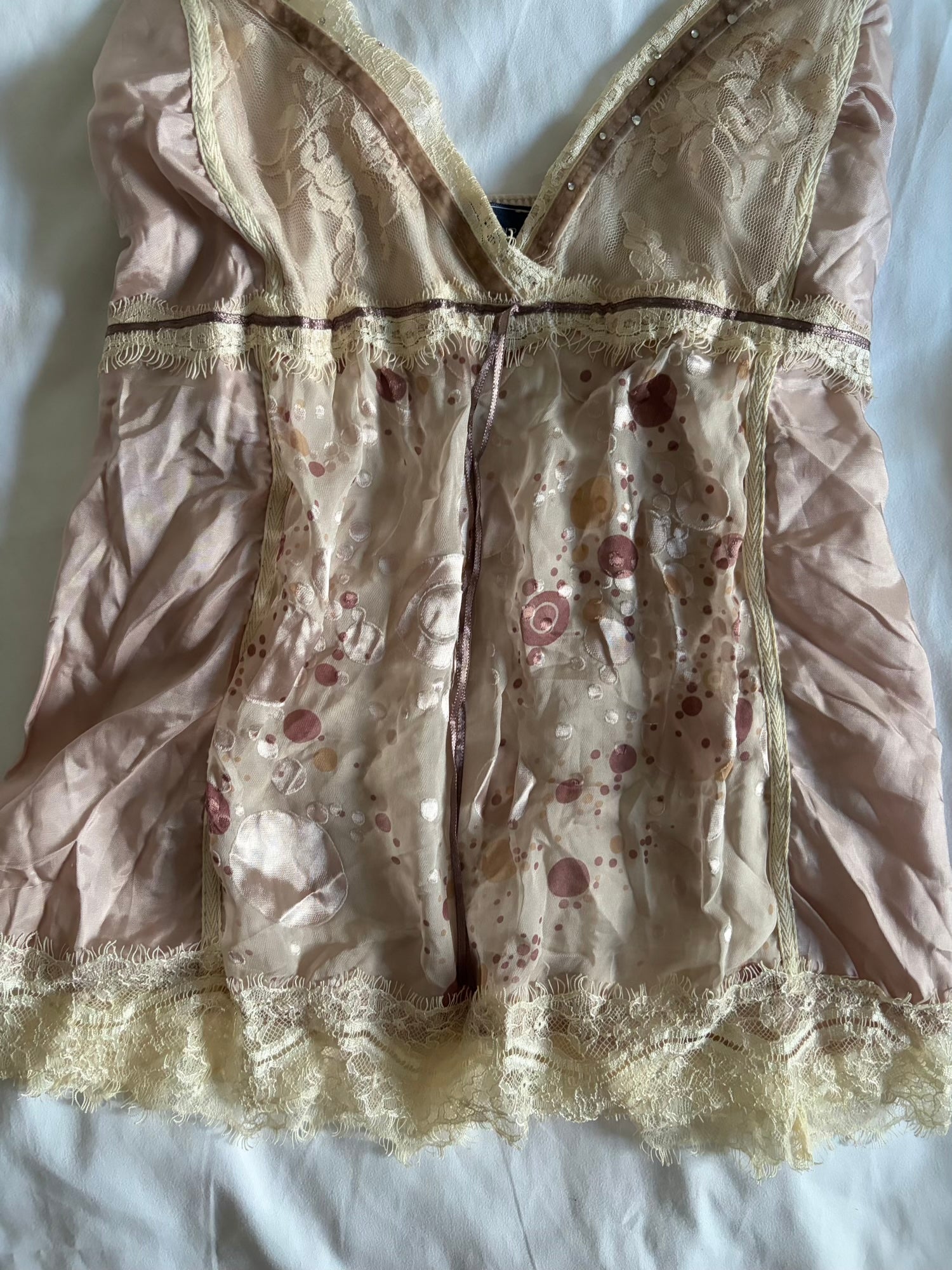 Vintage Y2K romantic fairy cami with lace, ribbon and diamontes and polka dot details