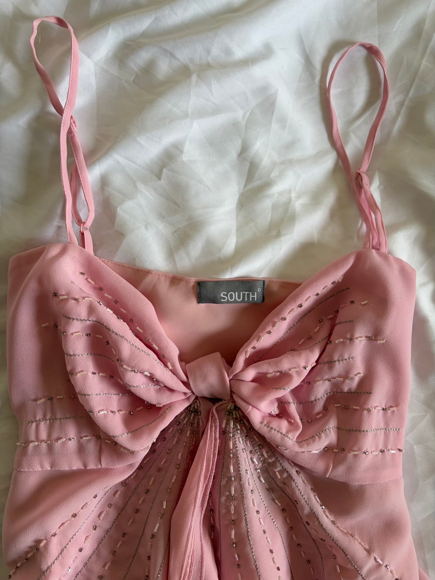 Vintage Y2K Baby Pink Silver Beaded Embellished Knot Bust Cami