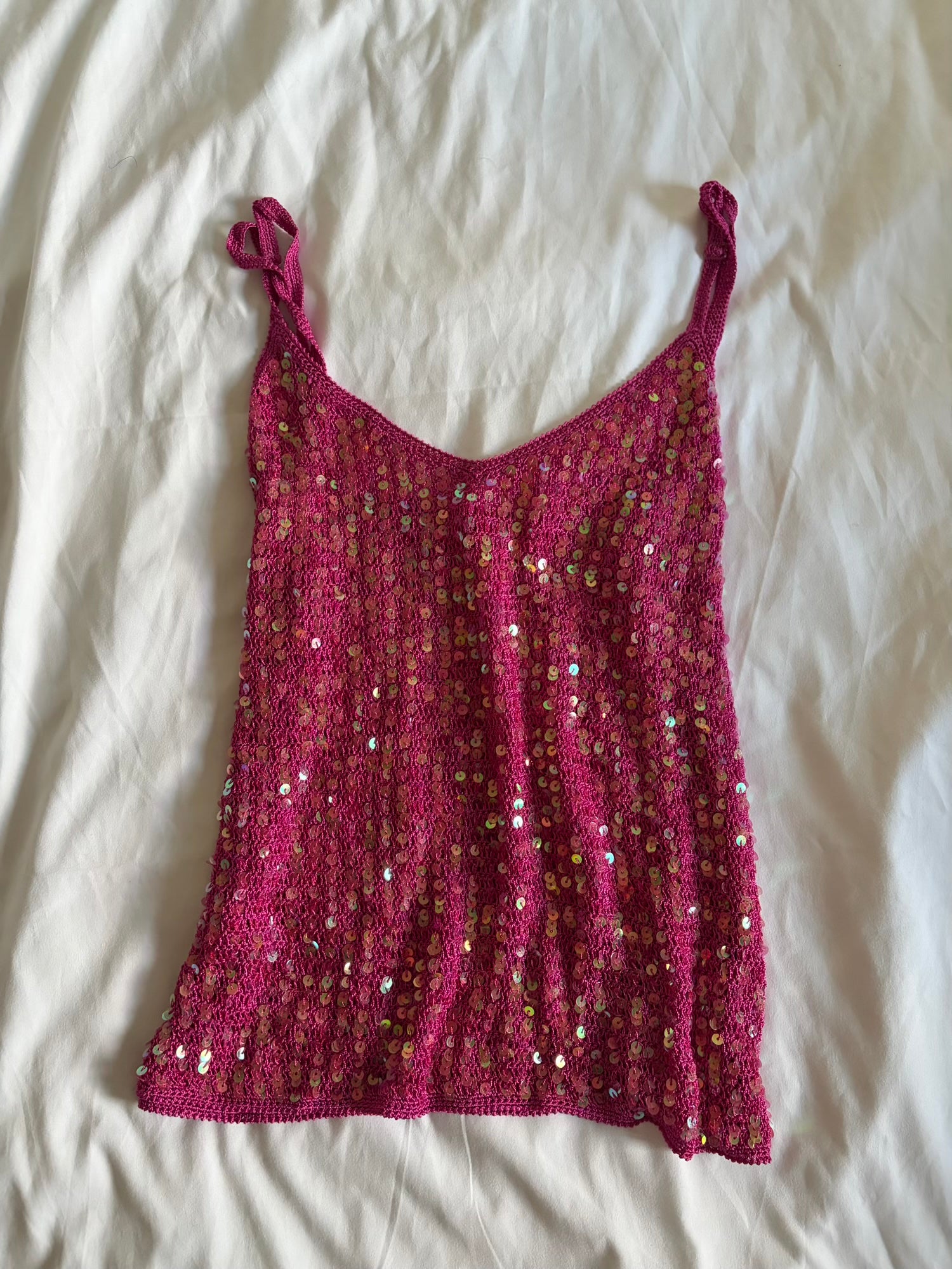Vintage Y2K cerise pink crochet iridescent sequin cami