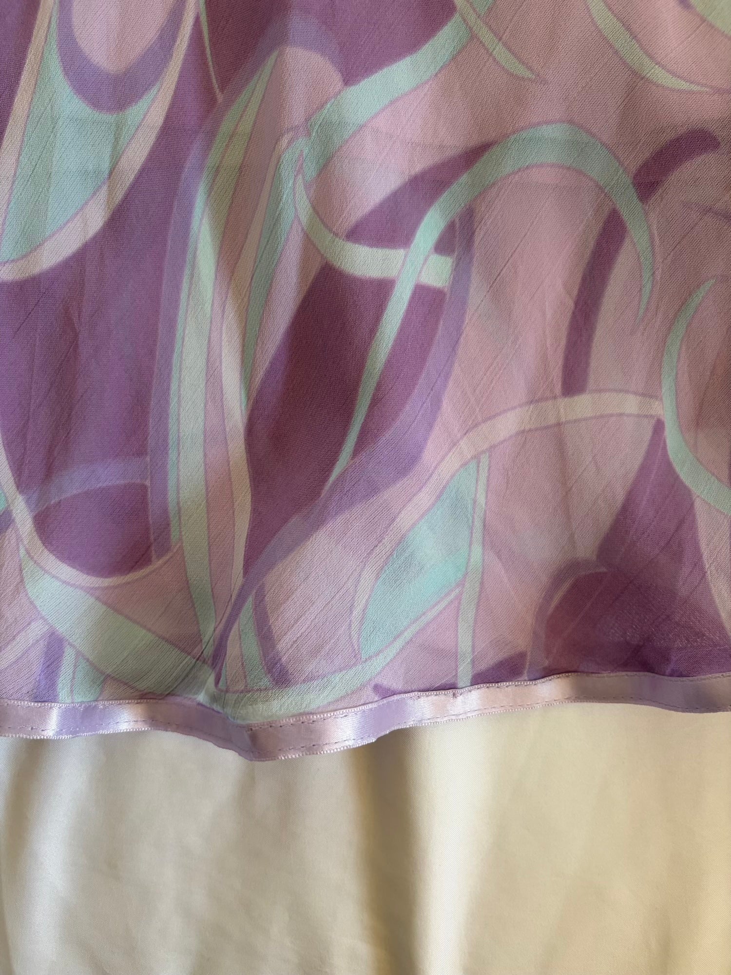 Vintage Y2K Lilac and Pastel Blue Swirl Midi Skirt with Ribbon Hem