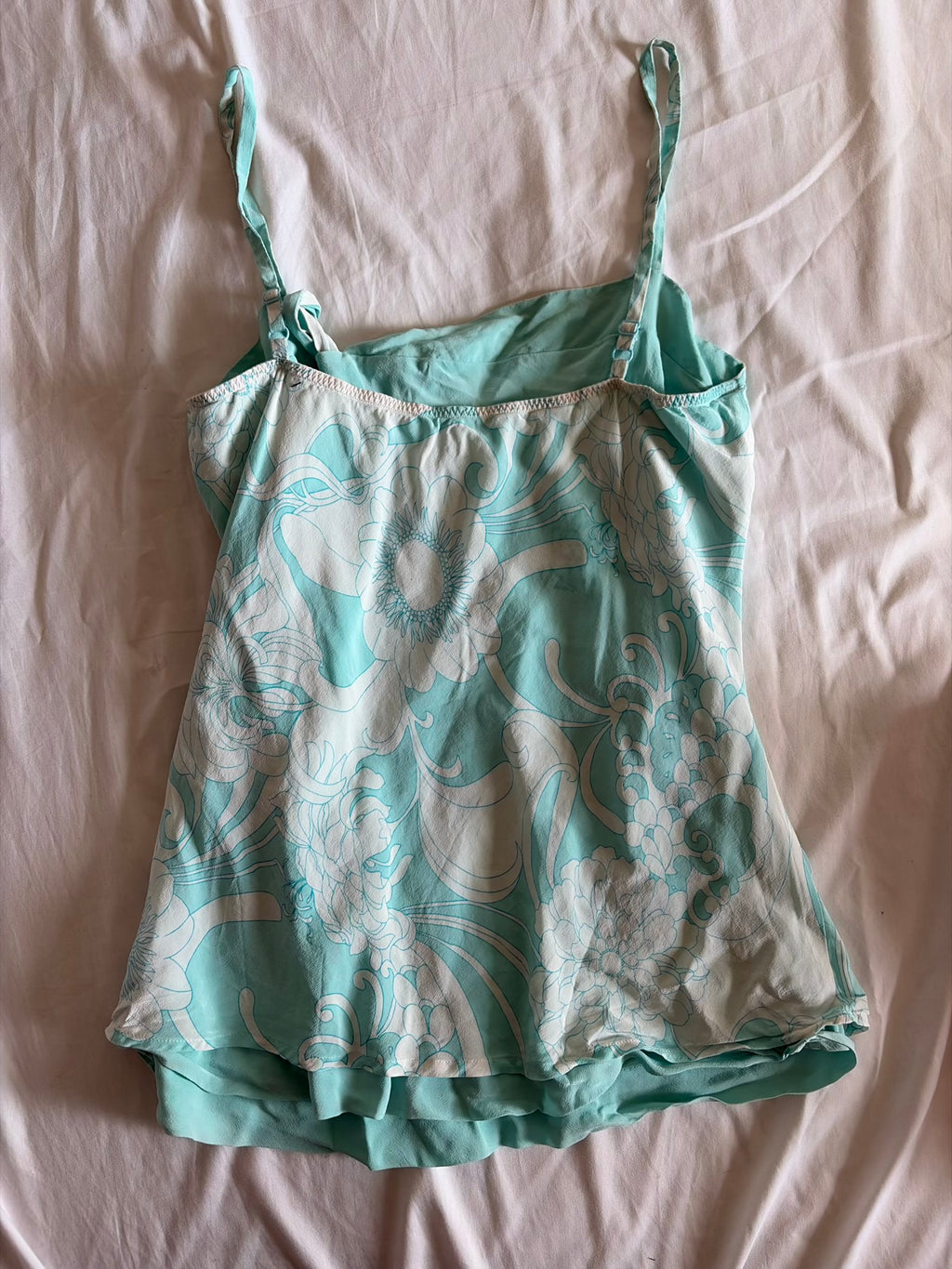 Vintage Y2K Turquoise and White Silk Floral Cami with Double Hem
