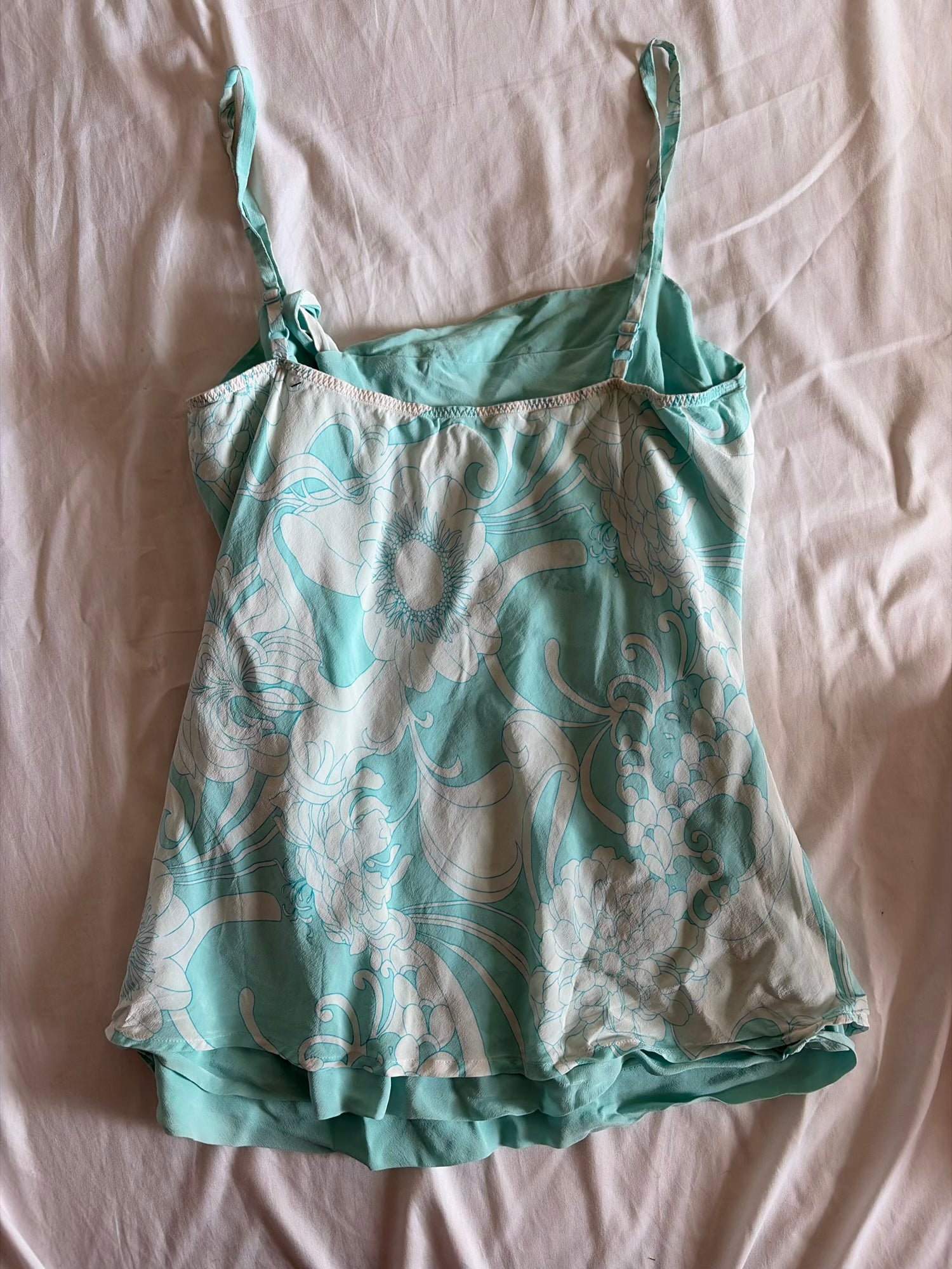 Vintage Y2K Turquoise and White Silk Floral Cami with Double Hem