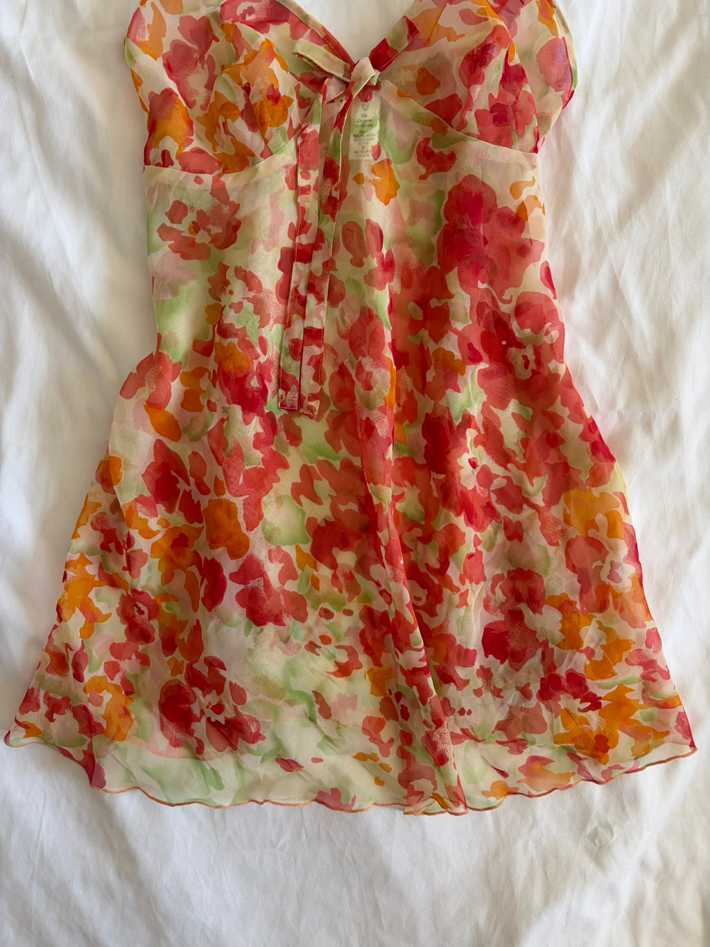Vintage 1990s orange romantic floral floaty sheer ultra mini dress