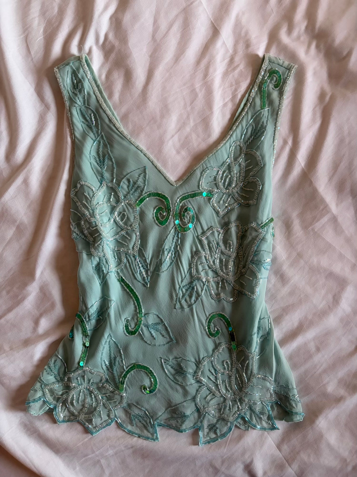 Vintage 2000s Silk Turquoise Heavily Beaded and Sequin Blouse