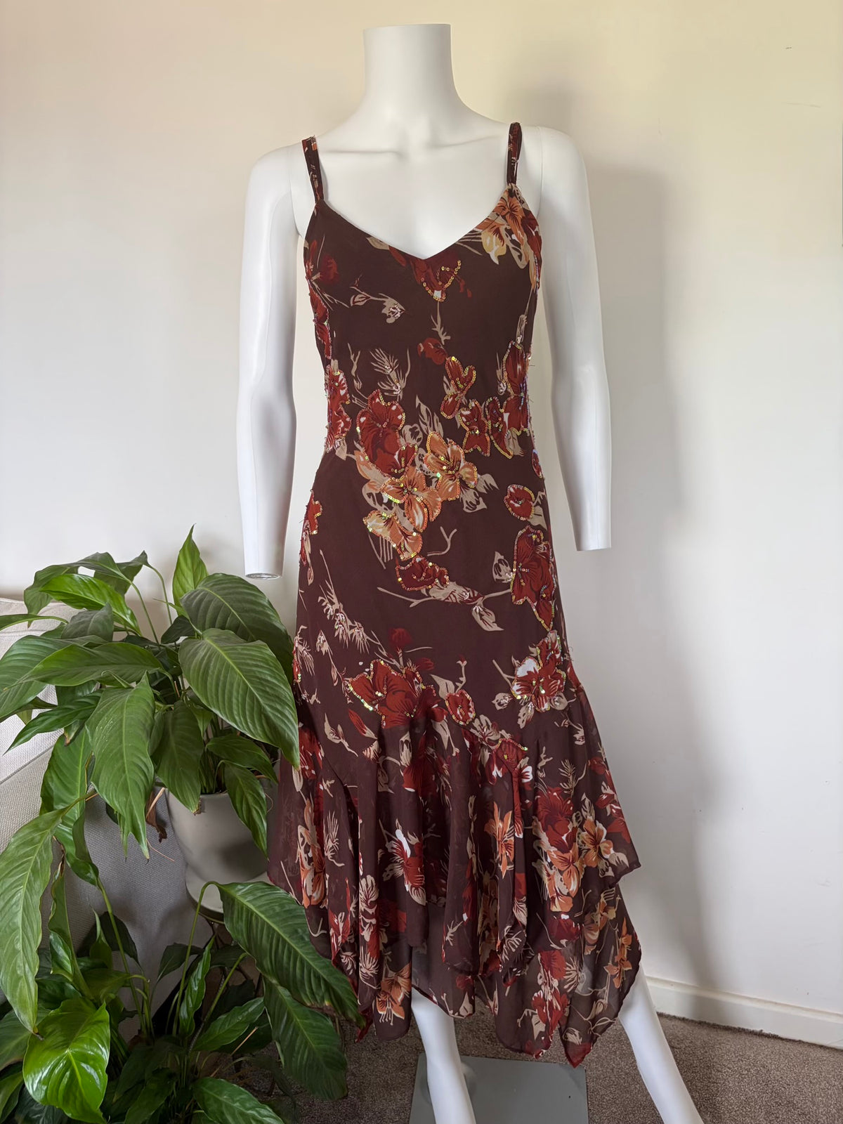 Vintage 2000s Brown Asymmetrical Hem Dress with Beads, Sequins and Matching Scarf