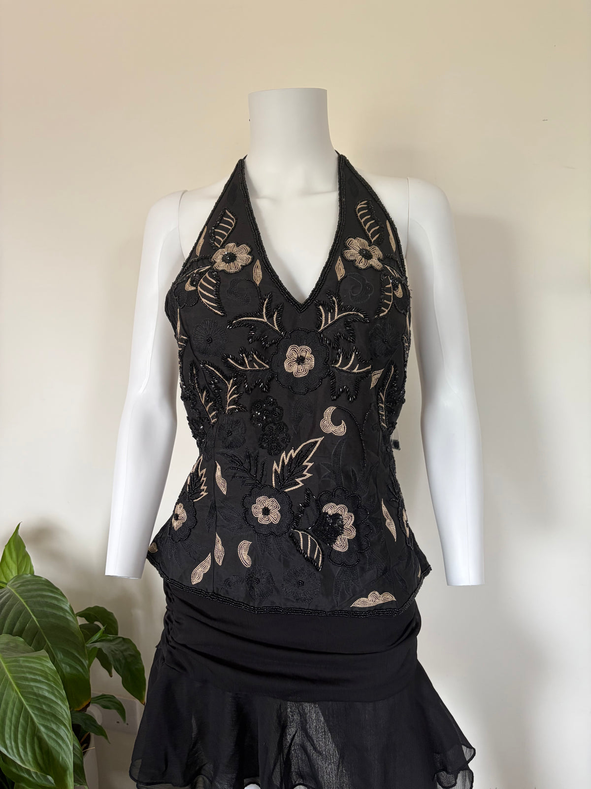 Vintage 2000s Banke B Silk Black Sequin and Beaded Corset Halter, UK 14–16