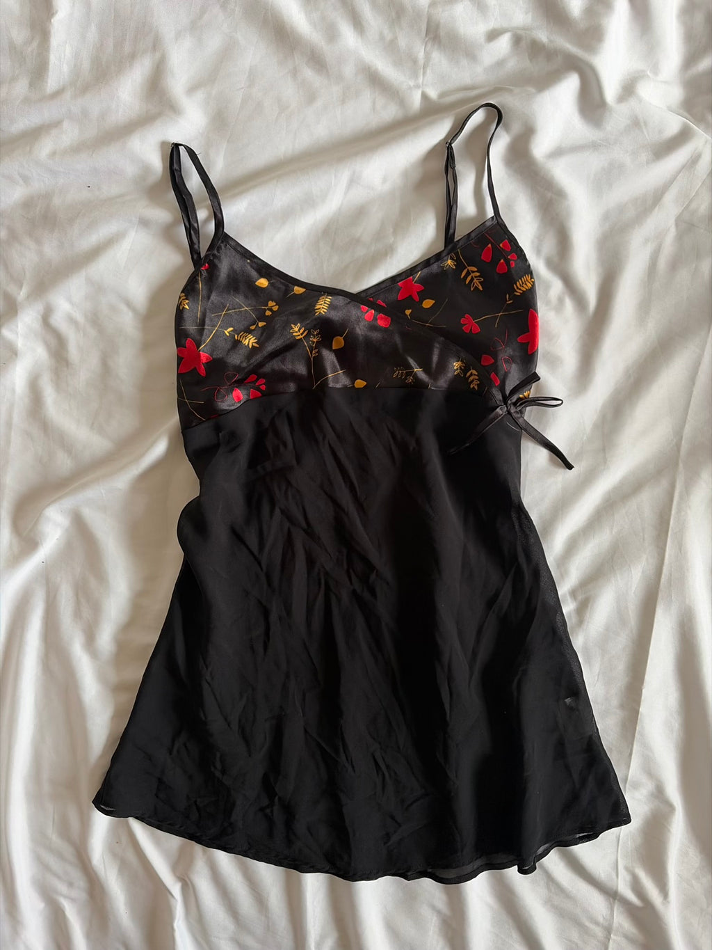 Vintage 1990s Black Baby Doll Cami with Floral Bust Detail