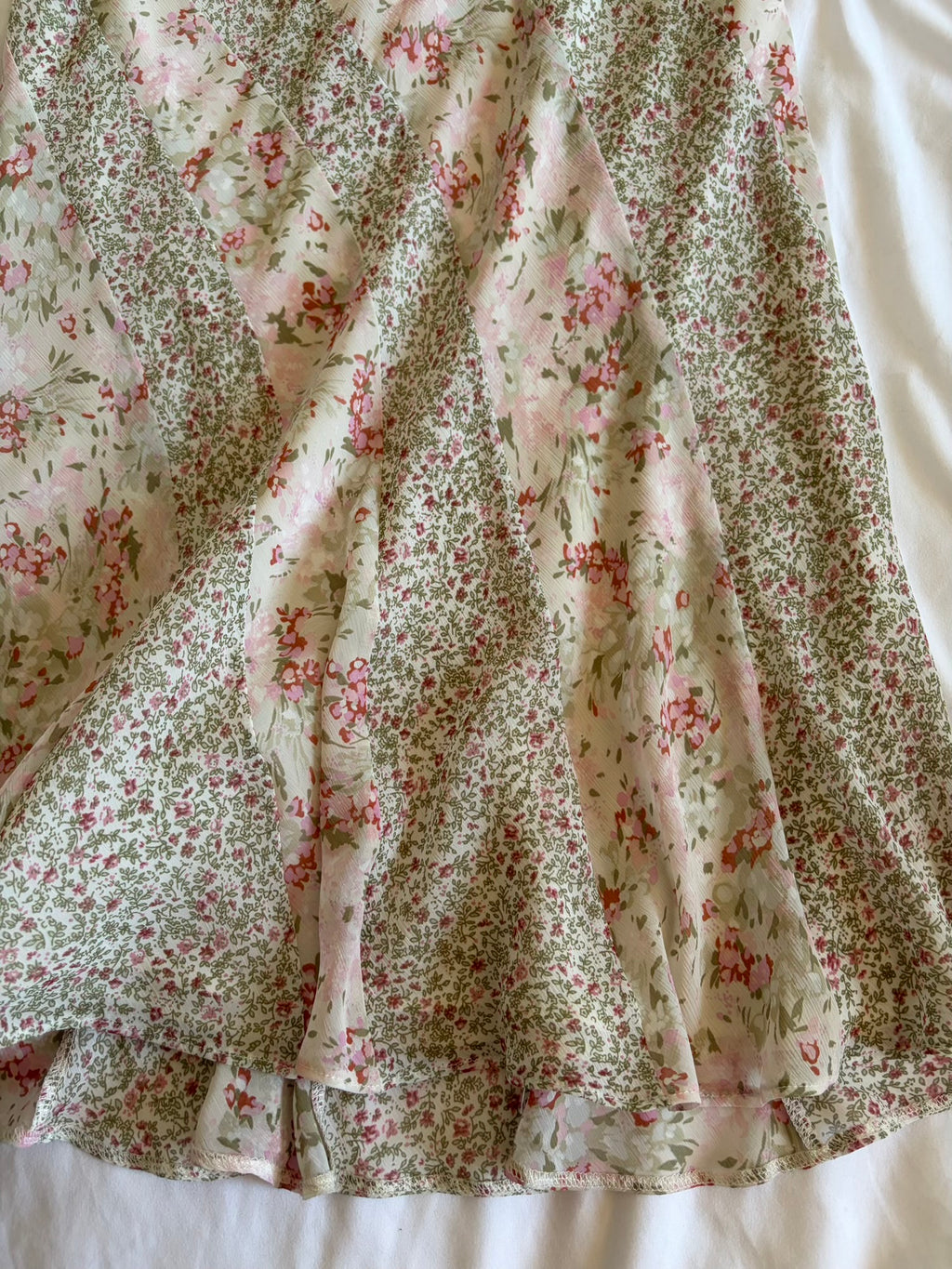 Vintage 1990s pink floral floaty midi skirt with contrast floral stripe detail