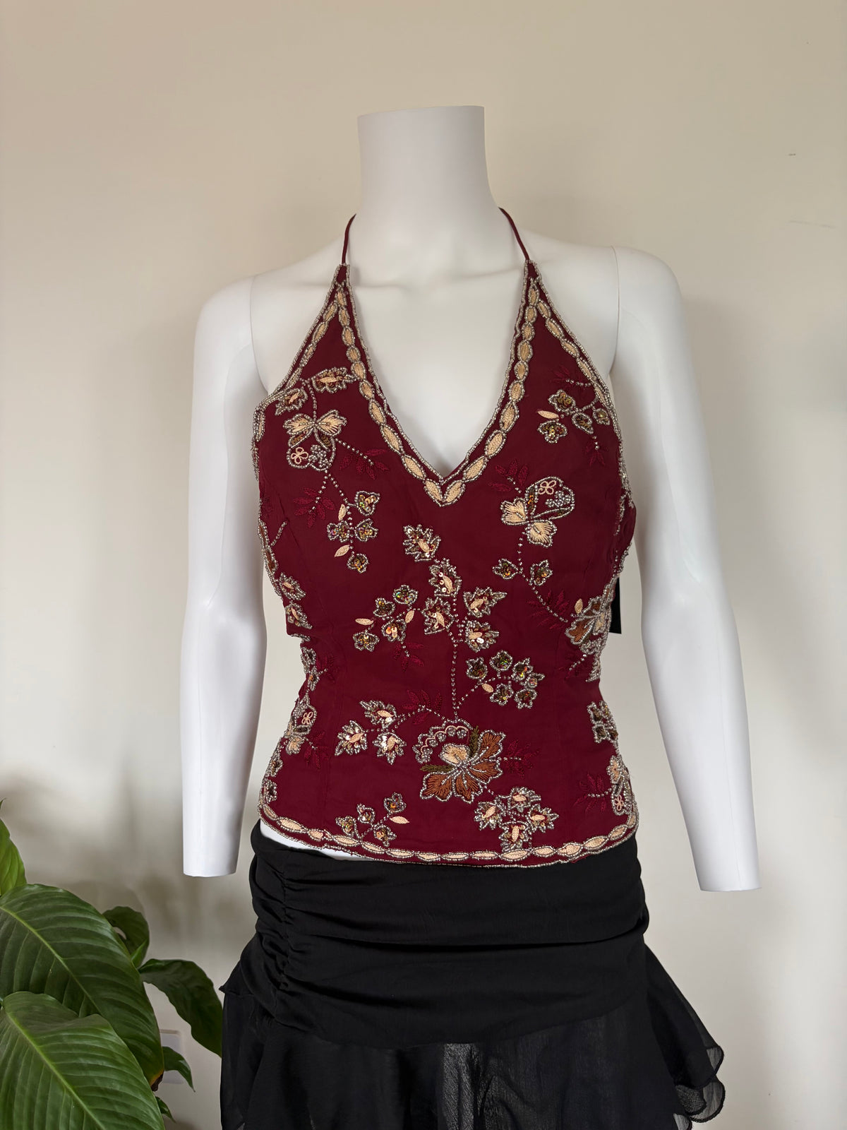 Vintage 2000s Banke B Silk Burgundy Gold Sequin and Beaded Corset Halter, UK 6–8