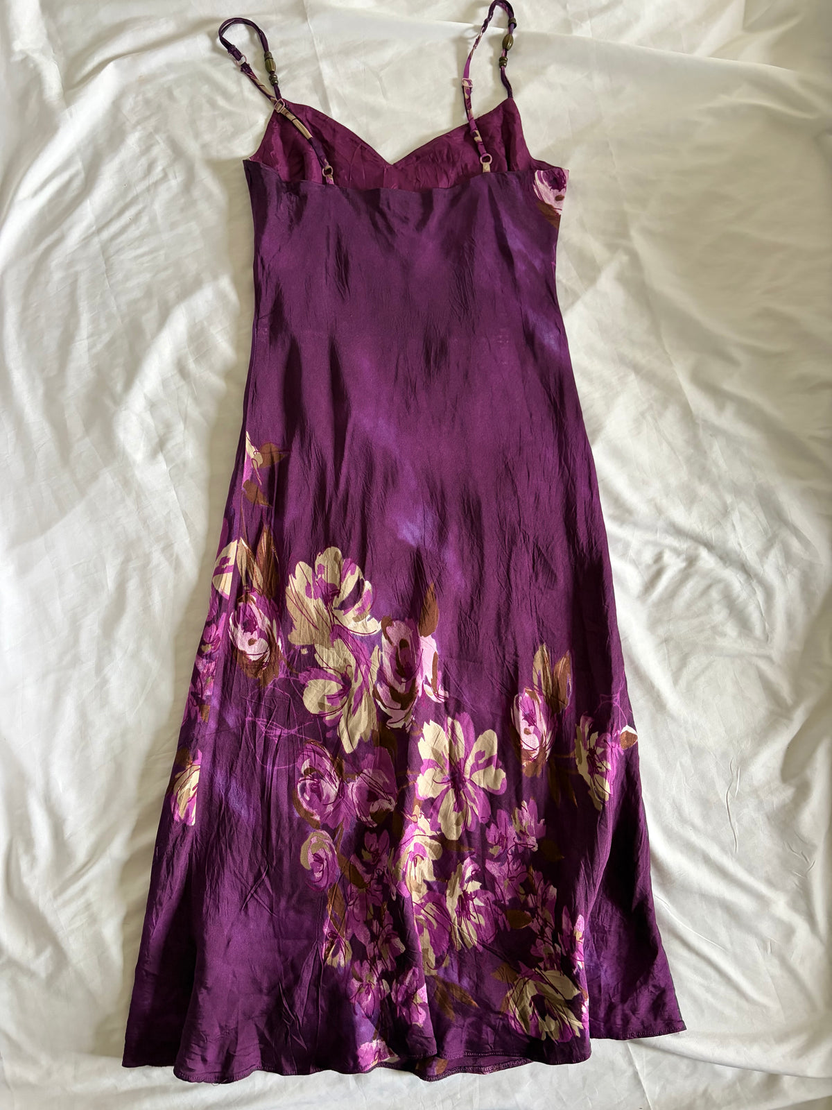 Vintage 1990s Purple Gothic Whimsy Floral Print Satin Dress