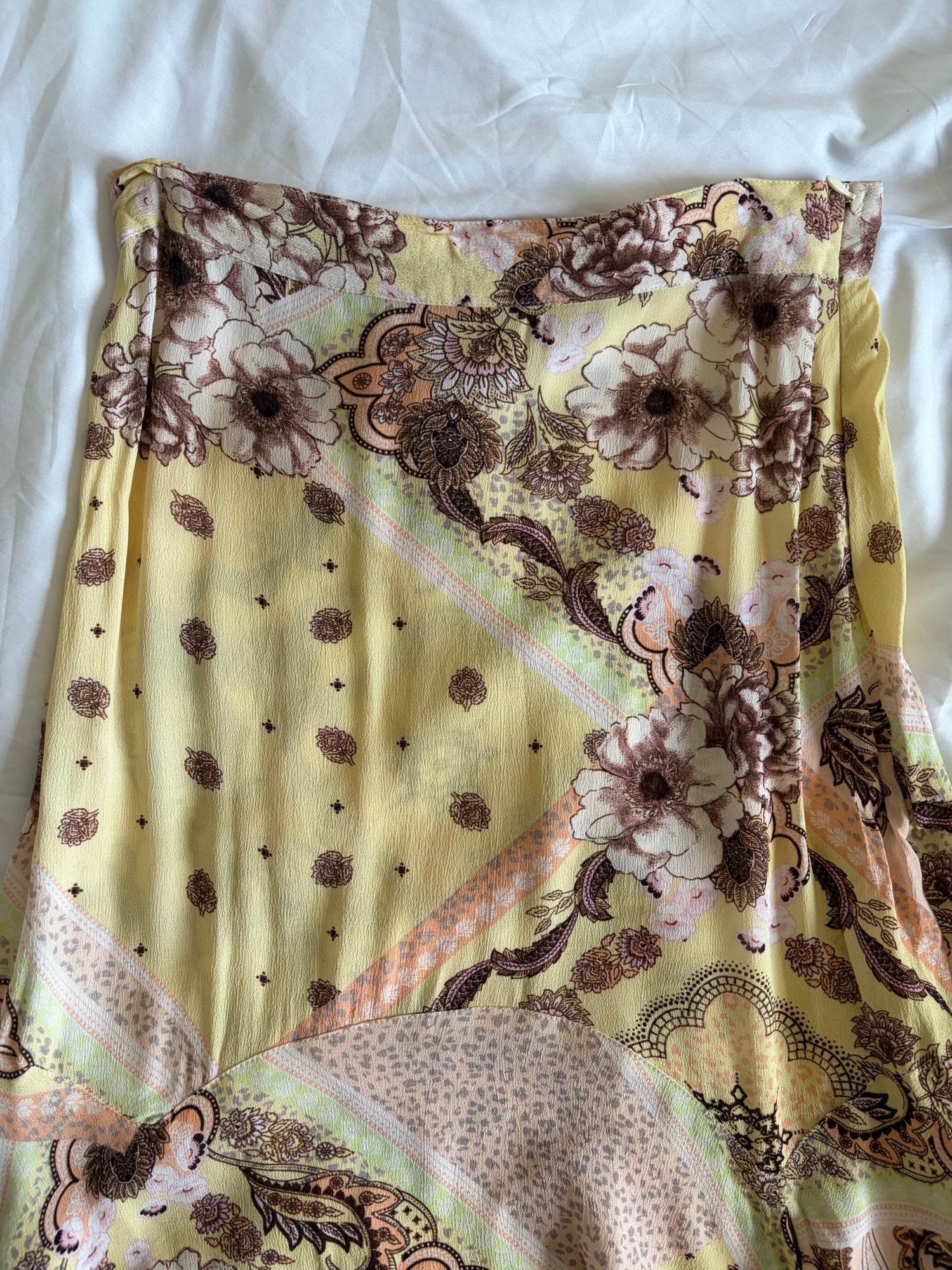 Vintage Y2K Yellow and Brown Asymmetrical Hem Paisley Midi Skirt