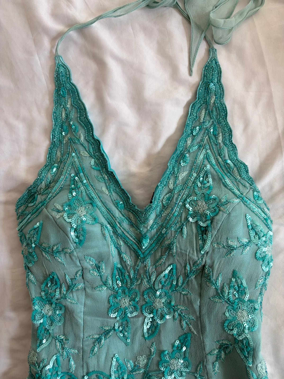 Vintage 2000s Aftershock Silk Aqua Blue Beaded Corset-Style Halter